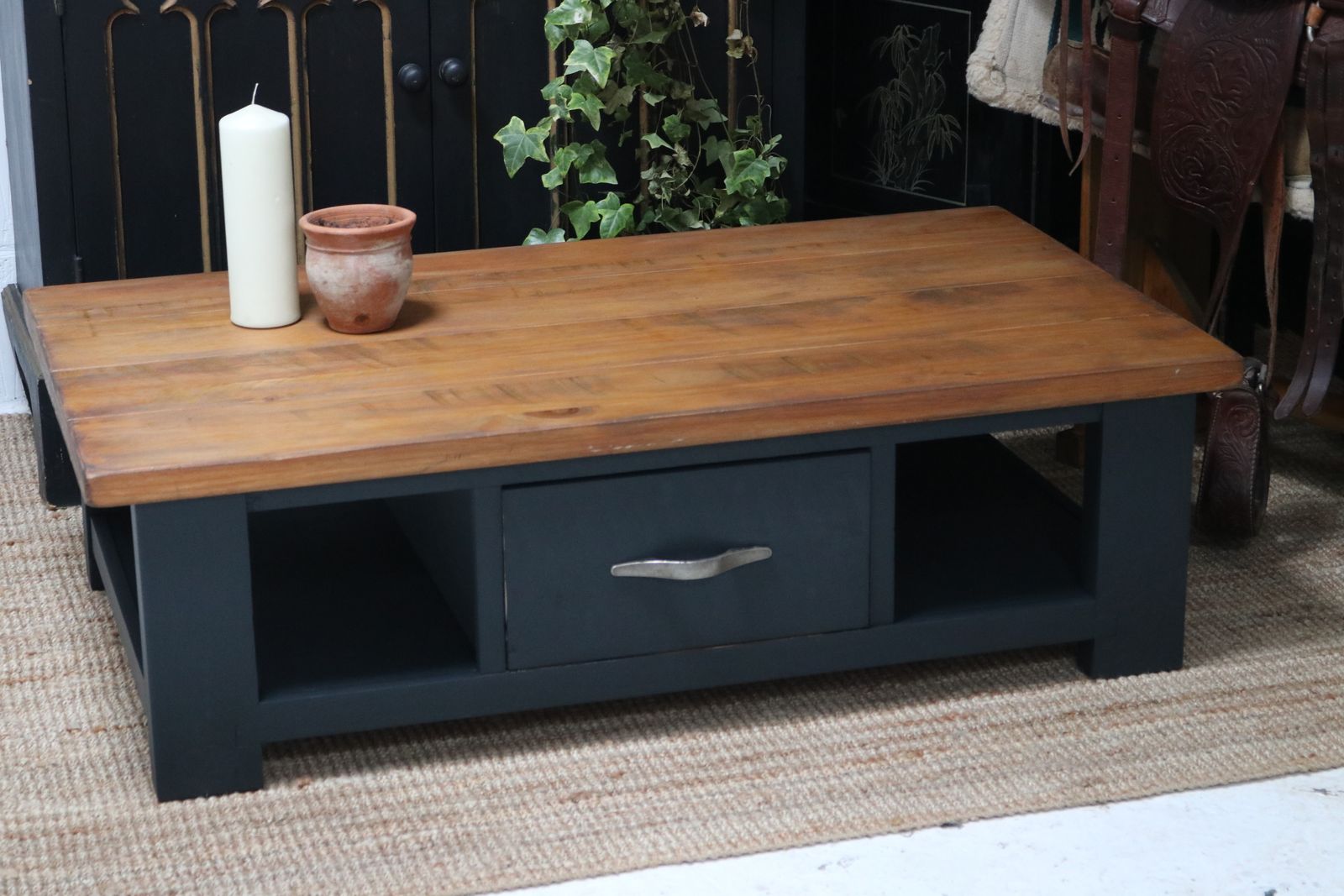 Rustic Solid Wood Chunky Large Coffee Table With Drawer photo for sale