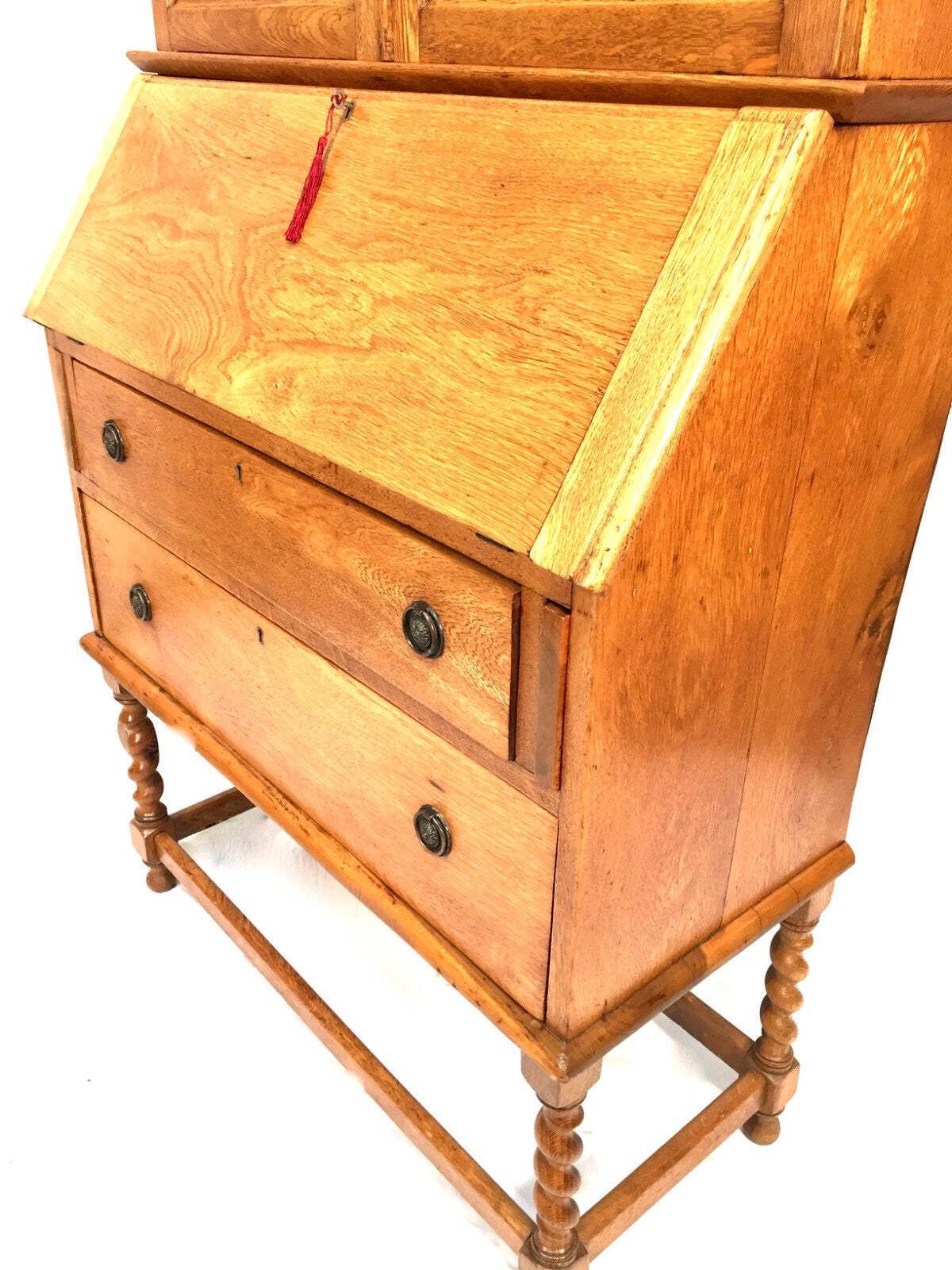 Antique Oak Wooden Bureau & Display Bookcase Cabinet With Glazed Doors C.1930 photo for sale