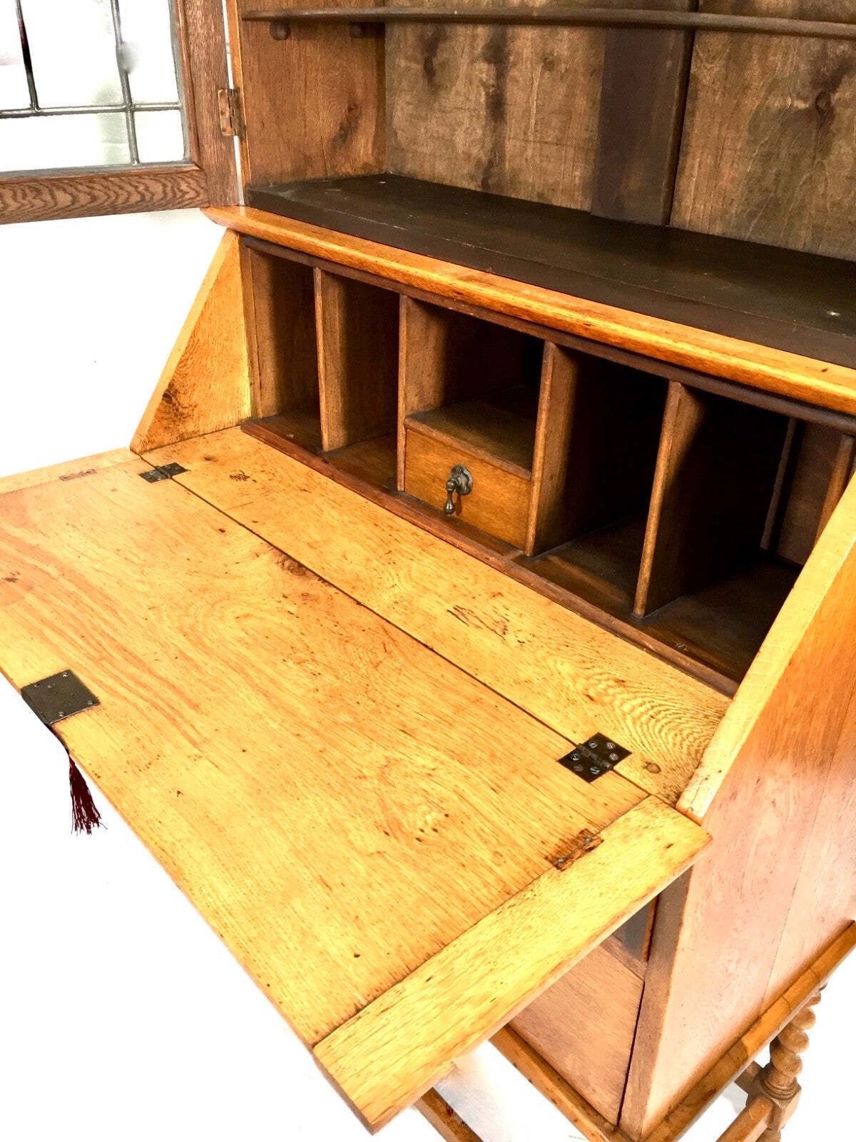 photo vinterior Antique Oak Wooden Bureau & Display Bookcase Cabinet With Glazed Doors C.1930