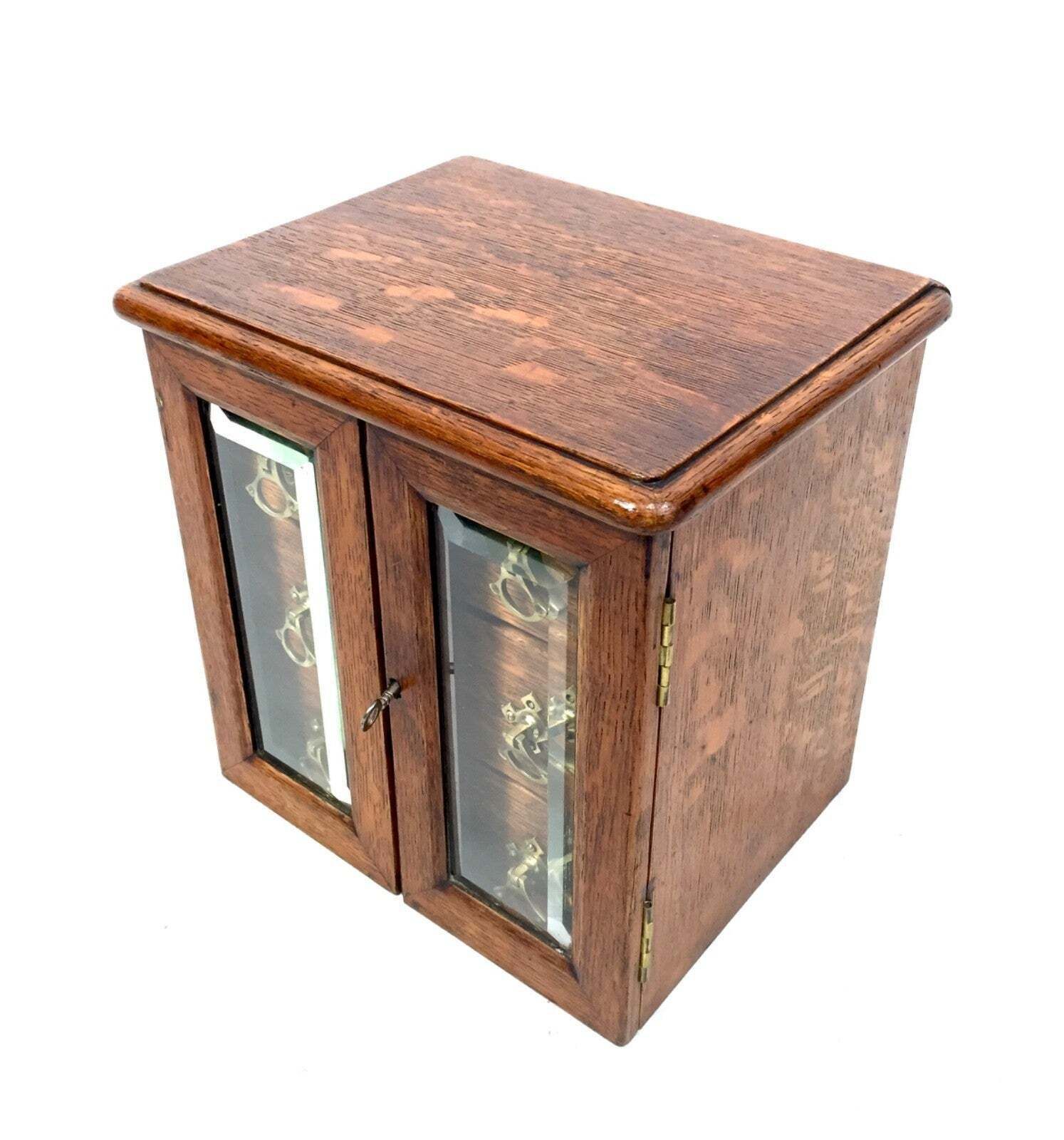 Antique Wooden Oak & Glass Tabletop Cabinet / Drawers / Jewellery Box With Key photo furniture