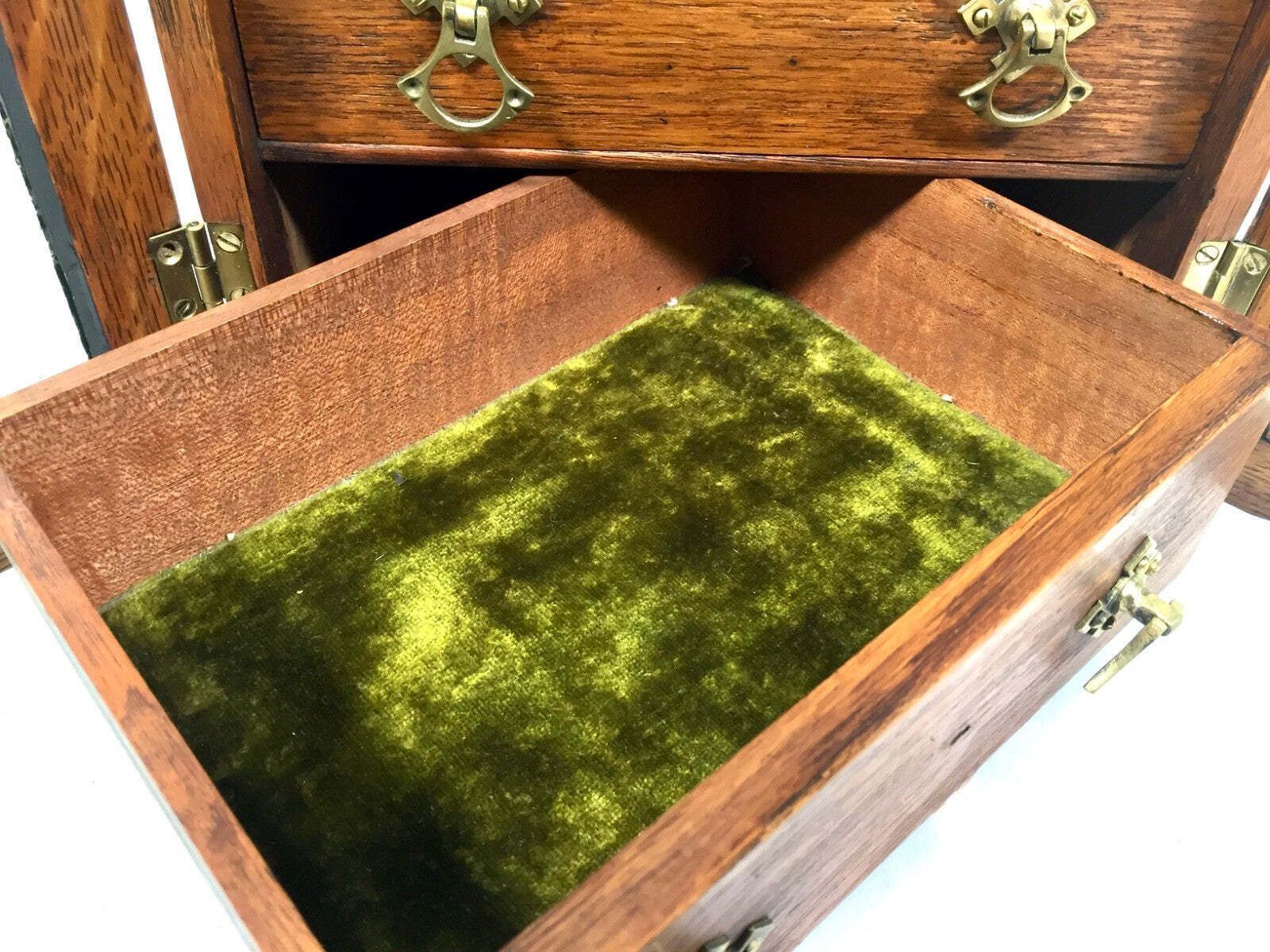 Antique Wooden Oak & Glass Tabletop Cabinet / Drawers / Jewellery Box With Key photo vintage