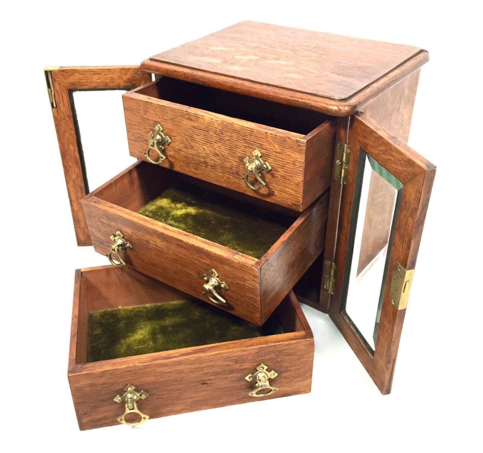 photo furniture Antique Wooden Oak & Glass Tabletop Cabinet / Drawers / Jewellery Box With Key