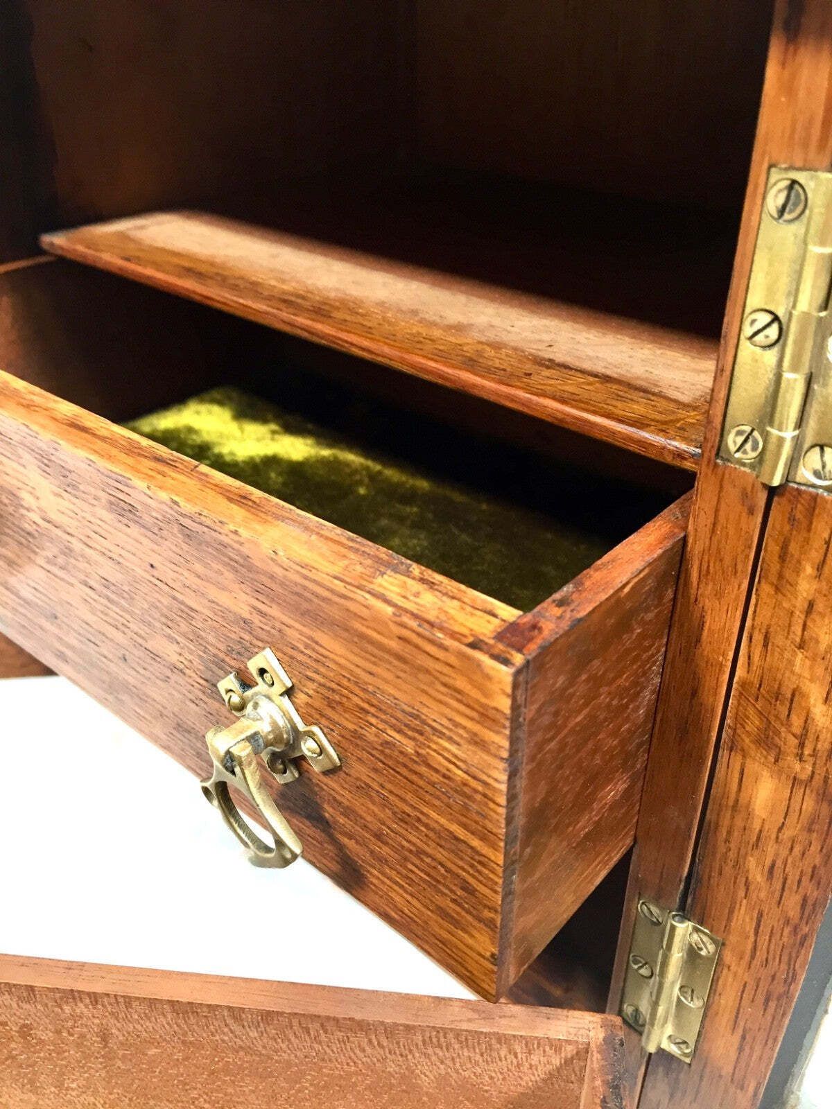 photo for sale Antique Wooden Oak & Glass Tabletop Cabinet / Drawers / Jewellery Box With Key