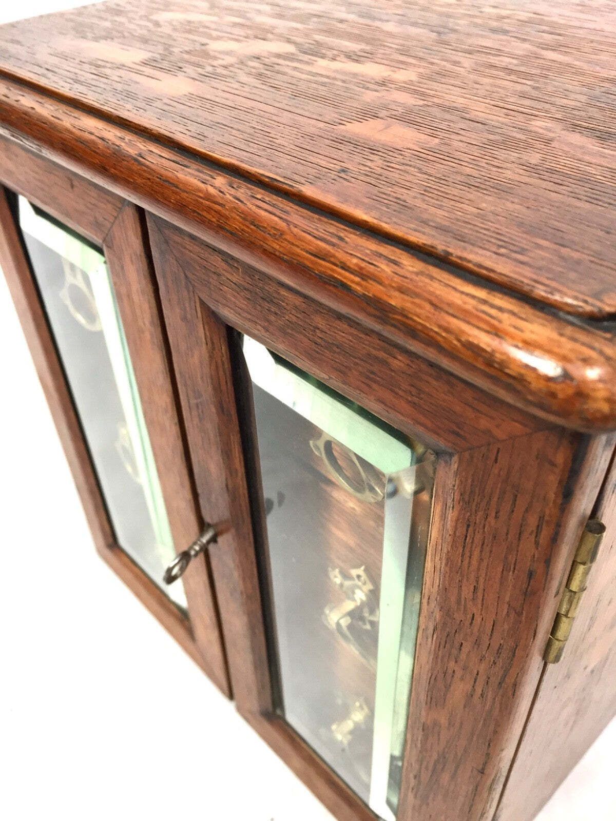 245.0 Antique Wooden Oak & Glass Tabletop Cabinet / Drawers / Jewellery Box With Key photo