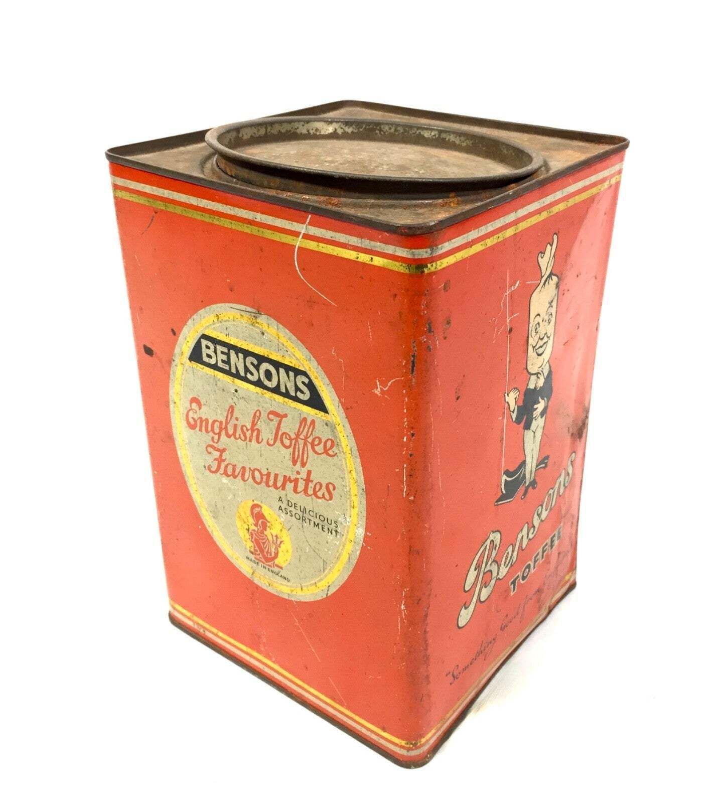 Antique Advertising English 1950s Pictorial Bensons Toffee Tin Container & Lid