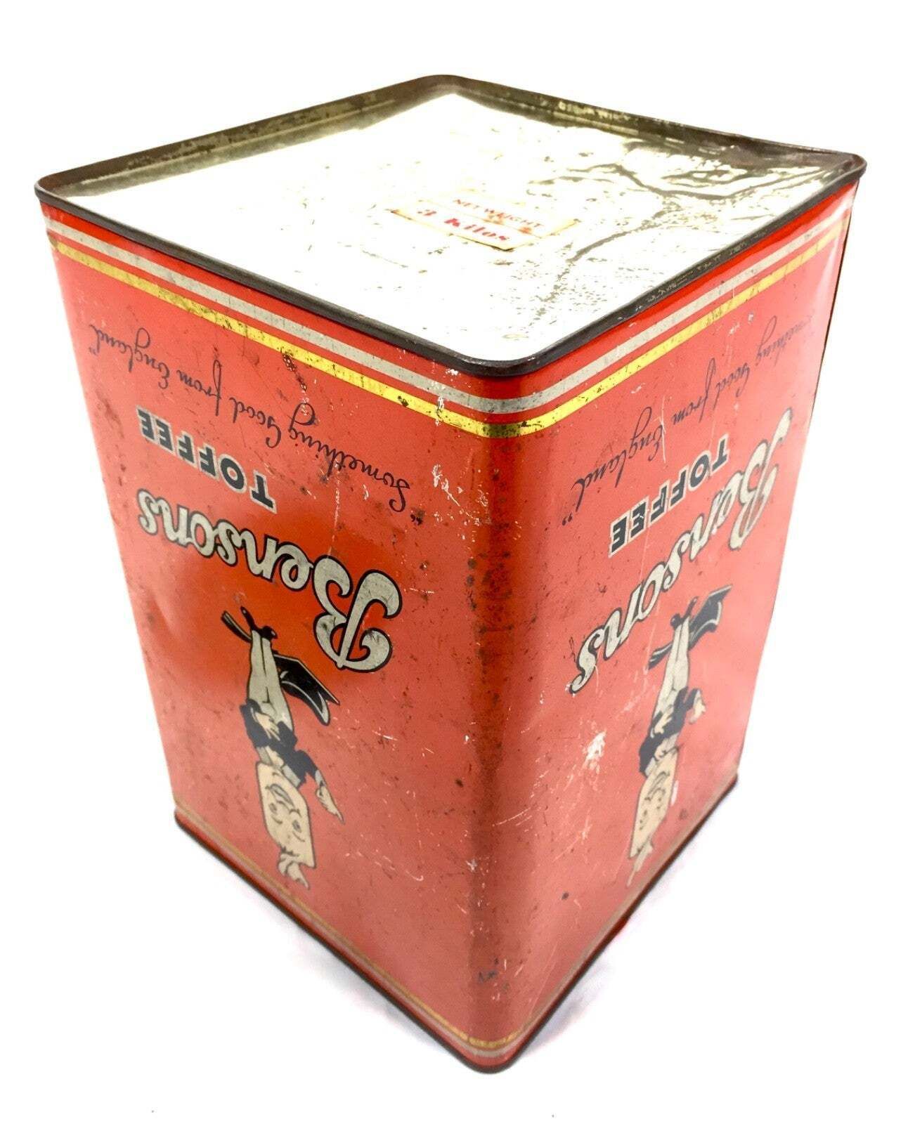 Antique Advertising English 1950s Pictorial Bensons Toffee Tin Container & Lid photo vinterior