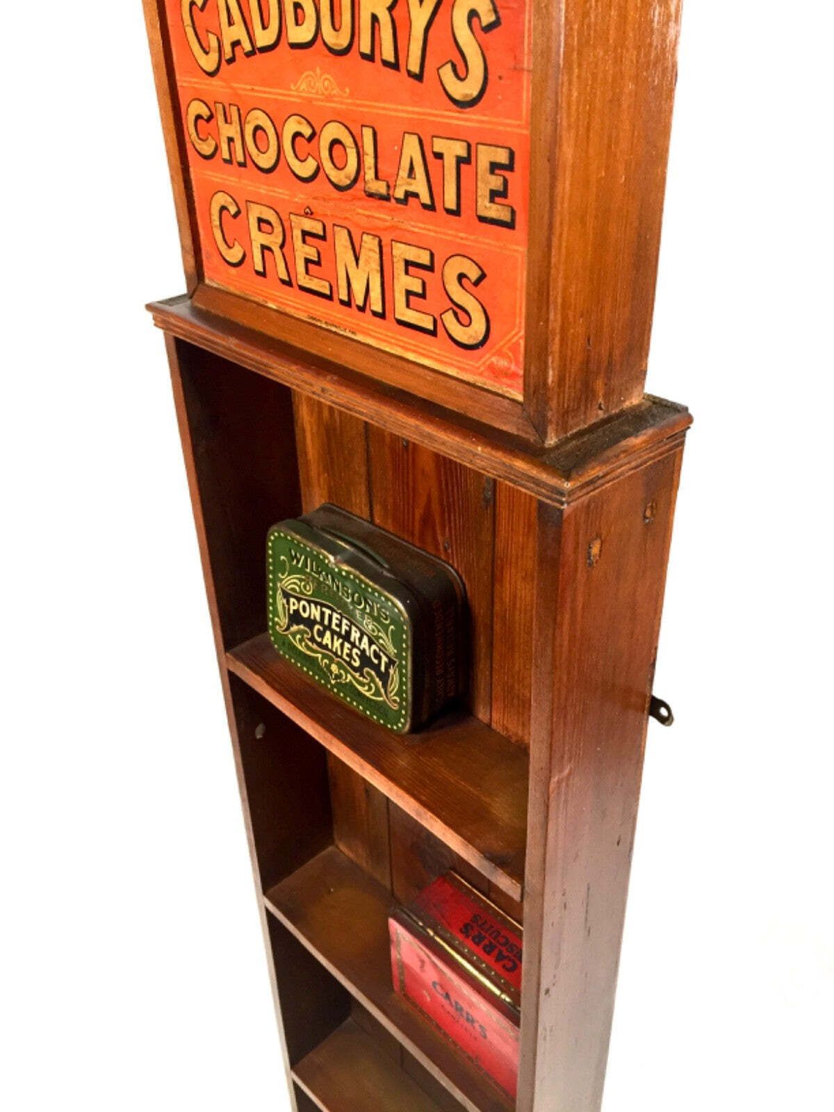 Antique Stained Pine Wooden Wall Shelf Unit With Cadbury's Chocolate Display Box photo vintage