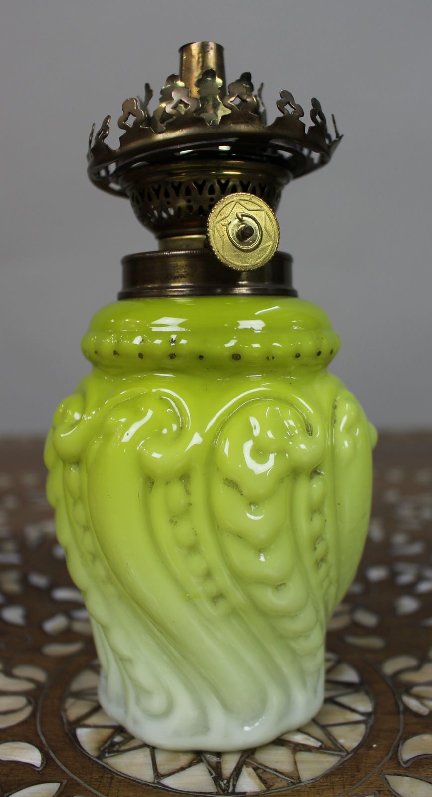 Victorian Yellow Opaline Glass Oil Lamp With Brass Burner photo furniture