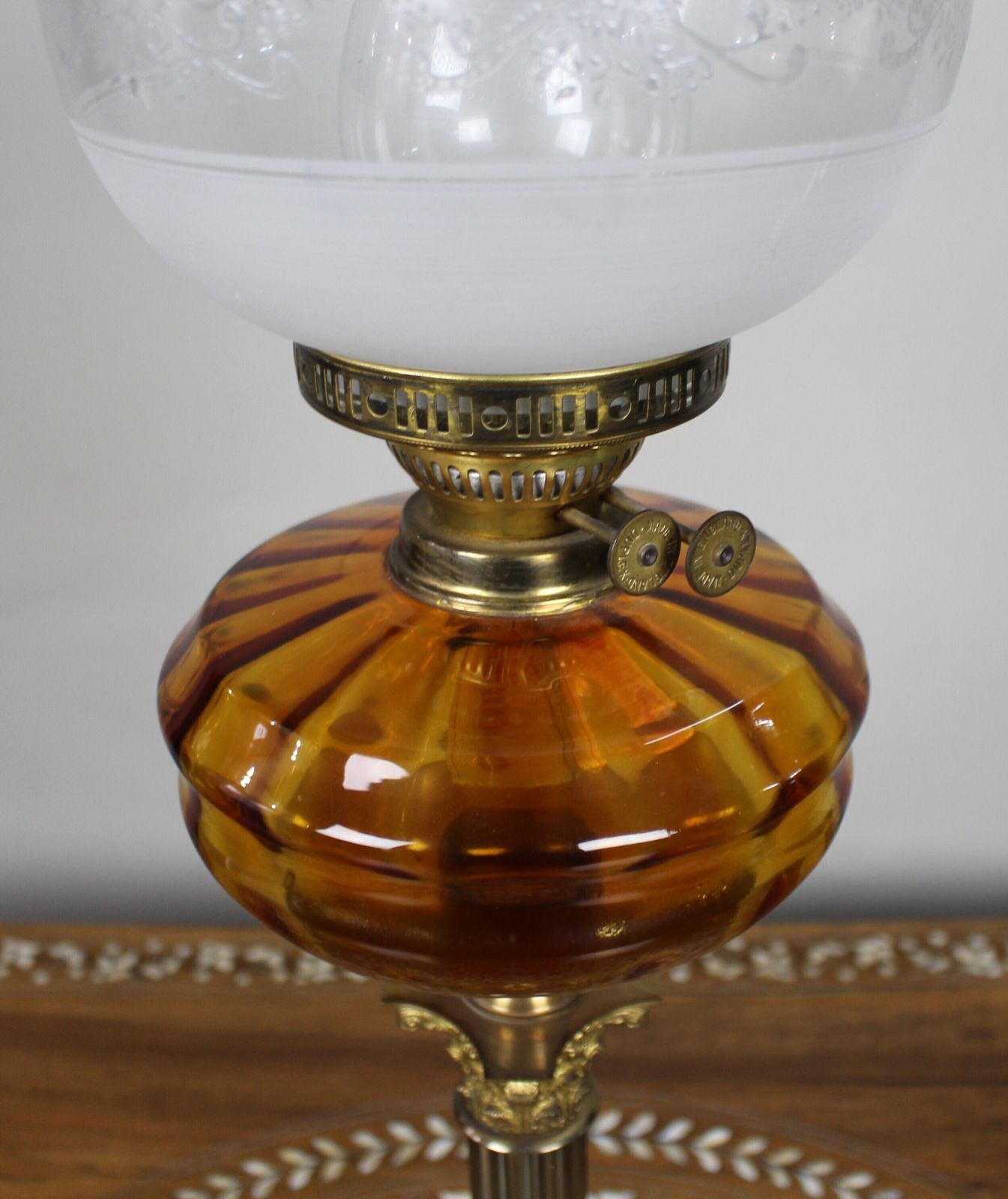 Victorian Brass Oil Lamp With Amber Glass Font photo buy