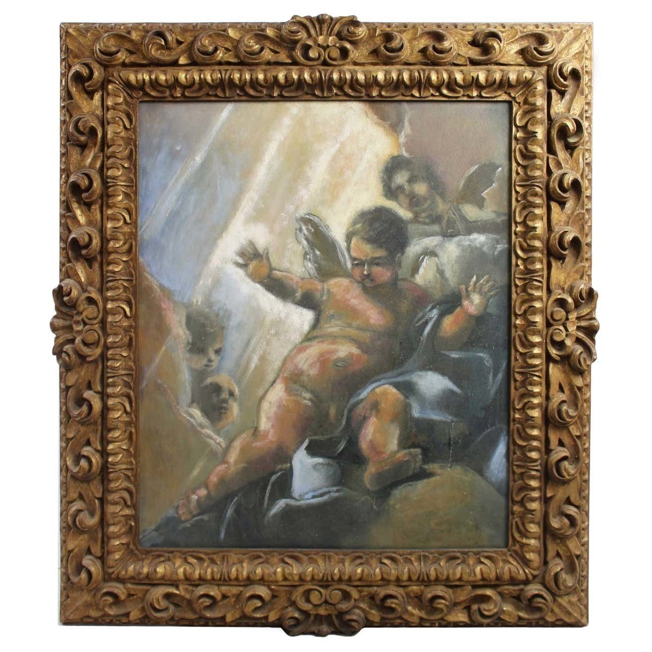 Italian Renaissance Style Cherub Oil On Canvas Giltwood Frame