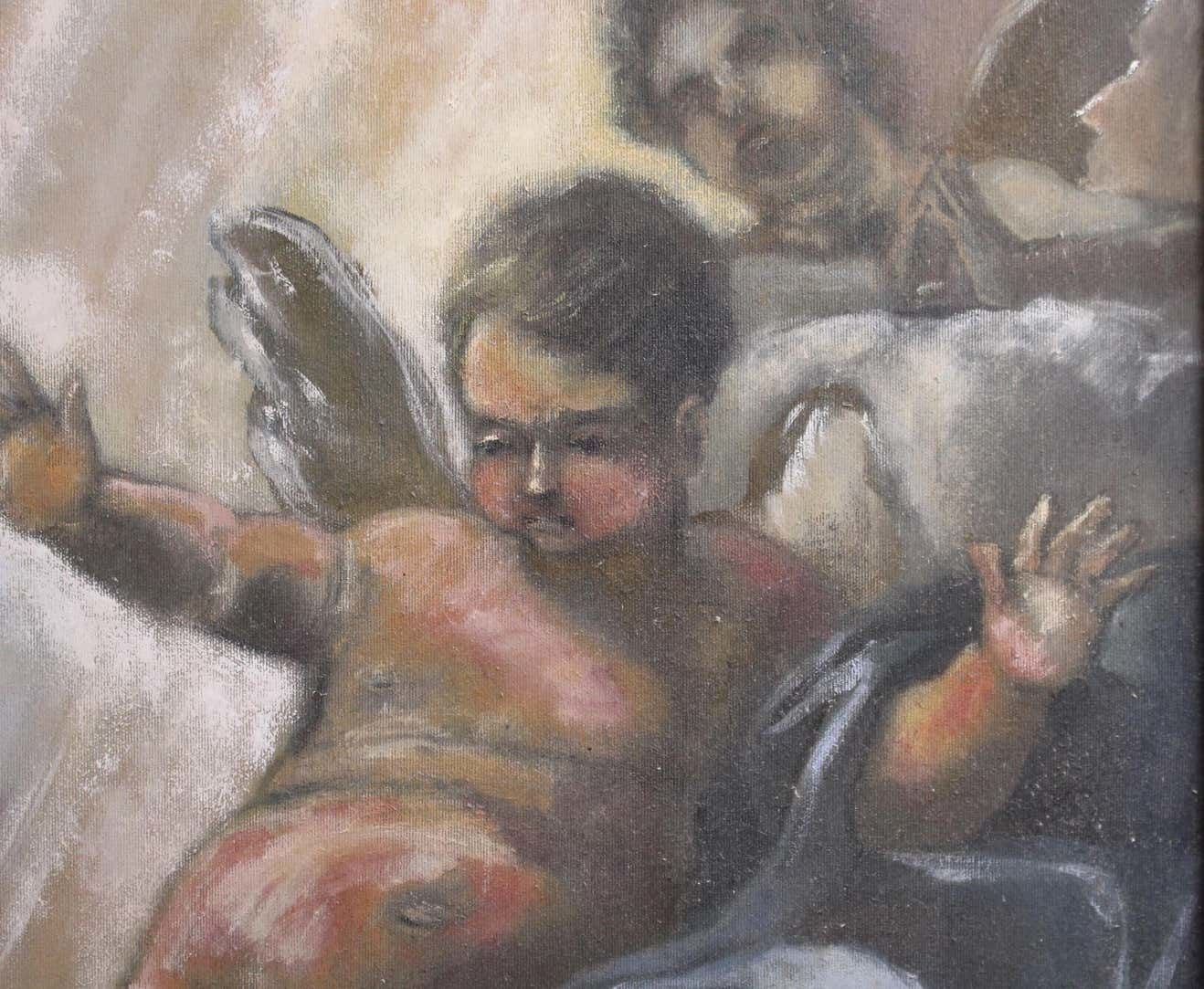 Italian Renaissance Style Cherub Oil On Canvas Giltwood Frame photo for sale