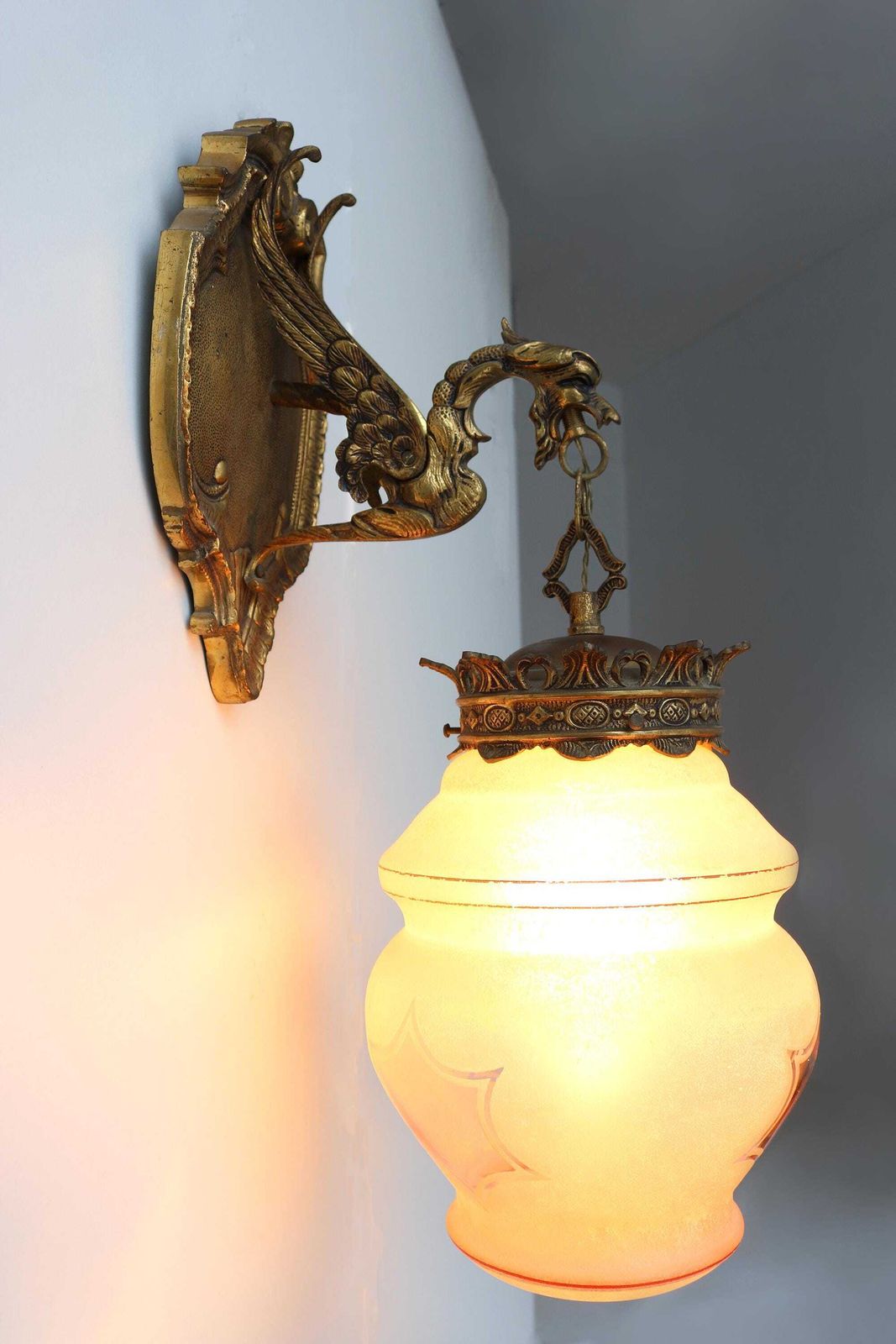 photo furniture Antique Bronze Gothic Dragon Griffin Wall Sconce – Early 20th Century Mythological Lighting