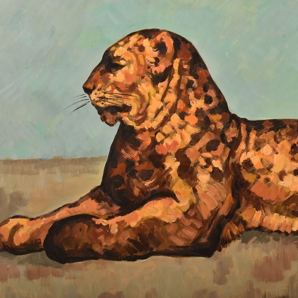 Leopard Portrait Painting, Oil On Cardboard, Mid 20th Century. photo Art