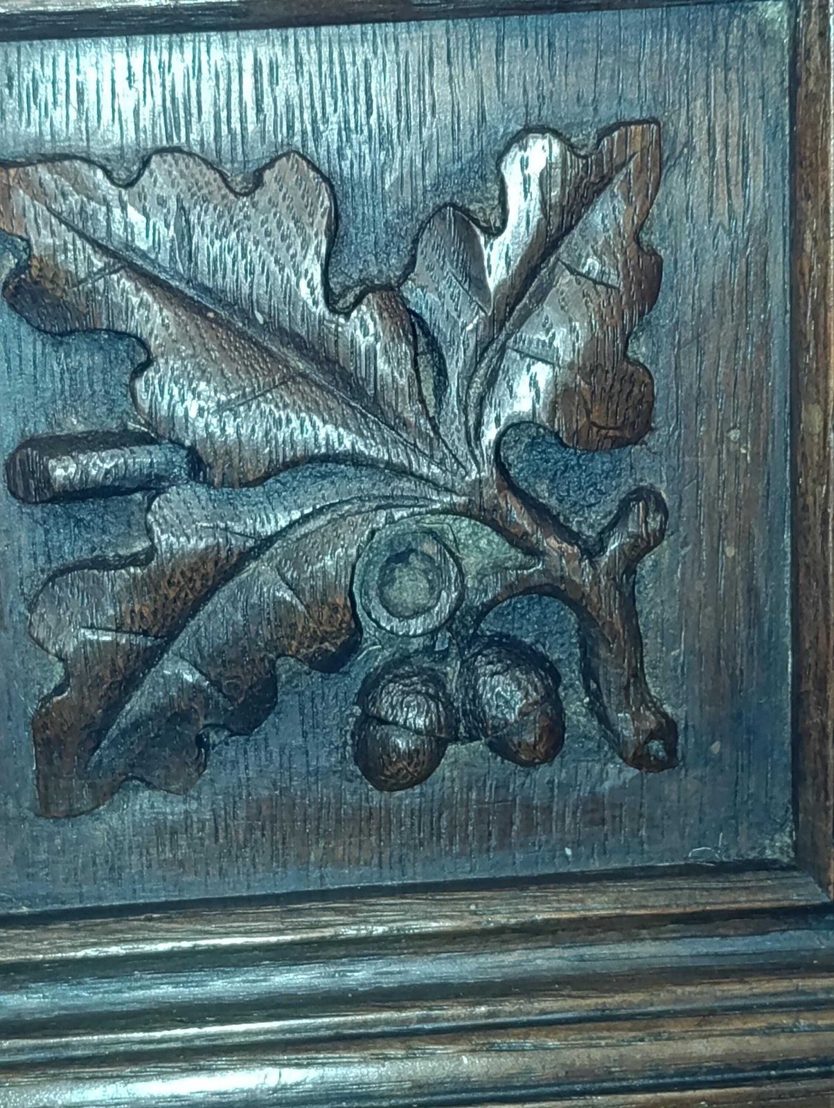 photo buy Tudor Revival Oak Coffer With Carved Heraldic Panels Early 20th Century