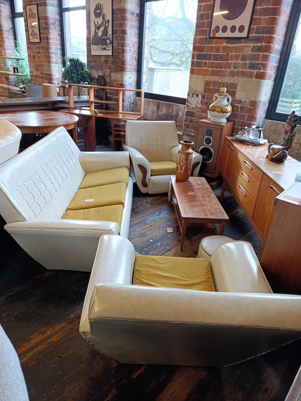 Mid Century Three Piece Lounge Suite In Off White Vinyl With Mustard Cushions