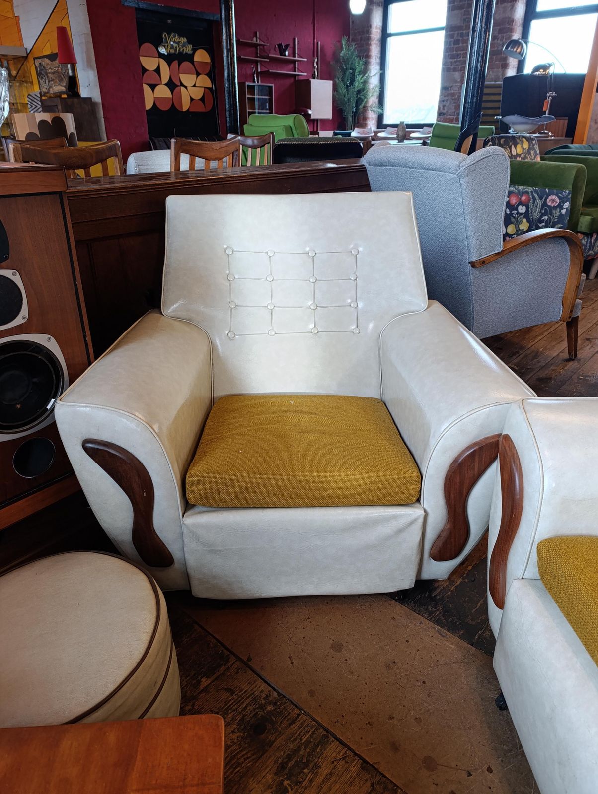 Mid Century Three Piece Lounge Suite In Off White Vinyl With Mustard Cushions photo for sale