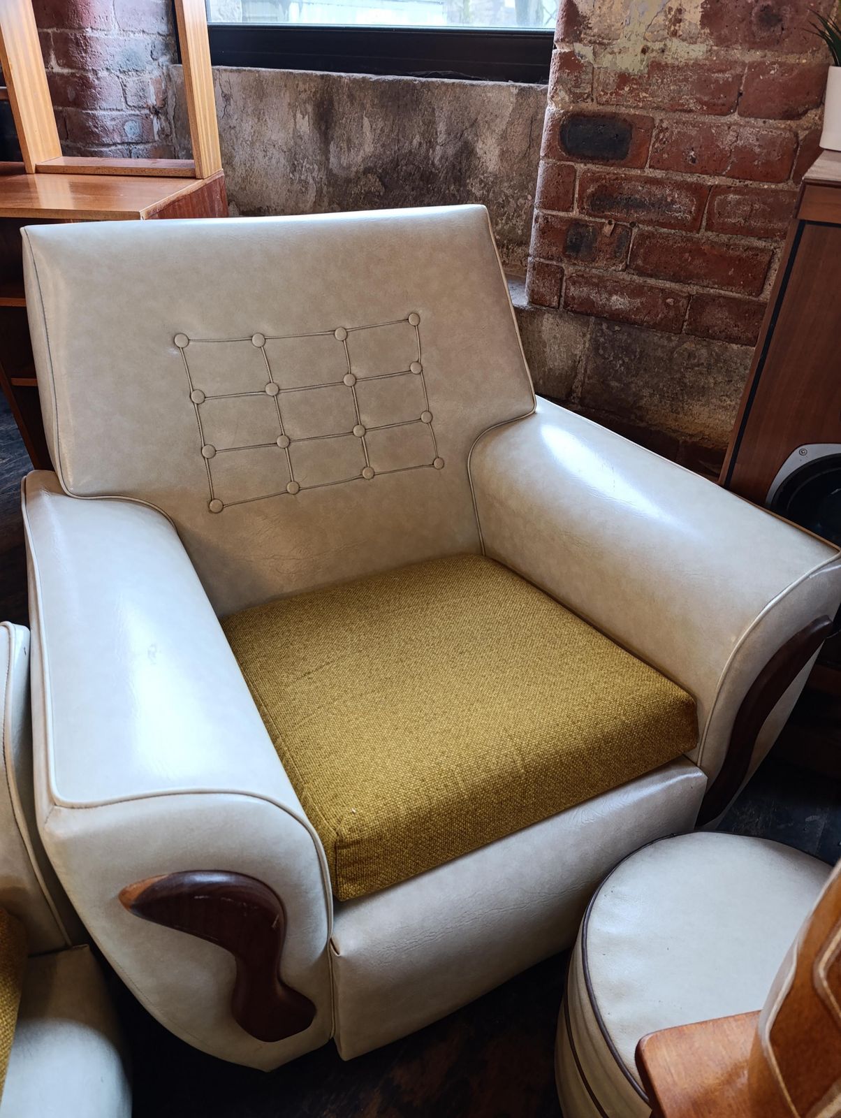 Mid Century Three Piece Lounge Suite In Off White Vinyl With Mustard Cushions photo Furniture