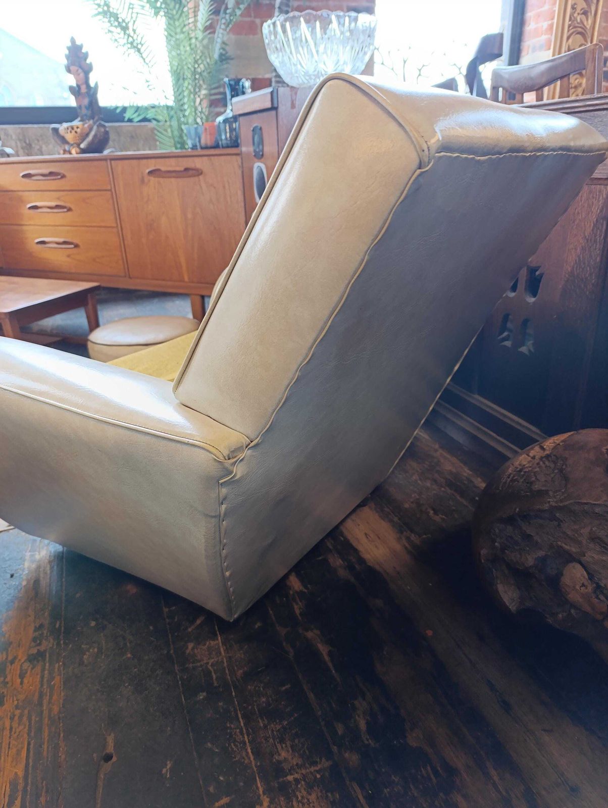 Mid Century Three Piece Lounge Suite In Off White Vinyl With Mustard Cushions photo 1250.0