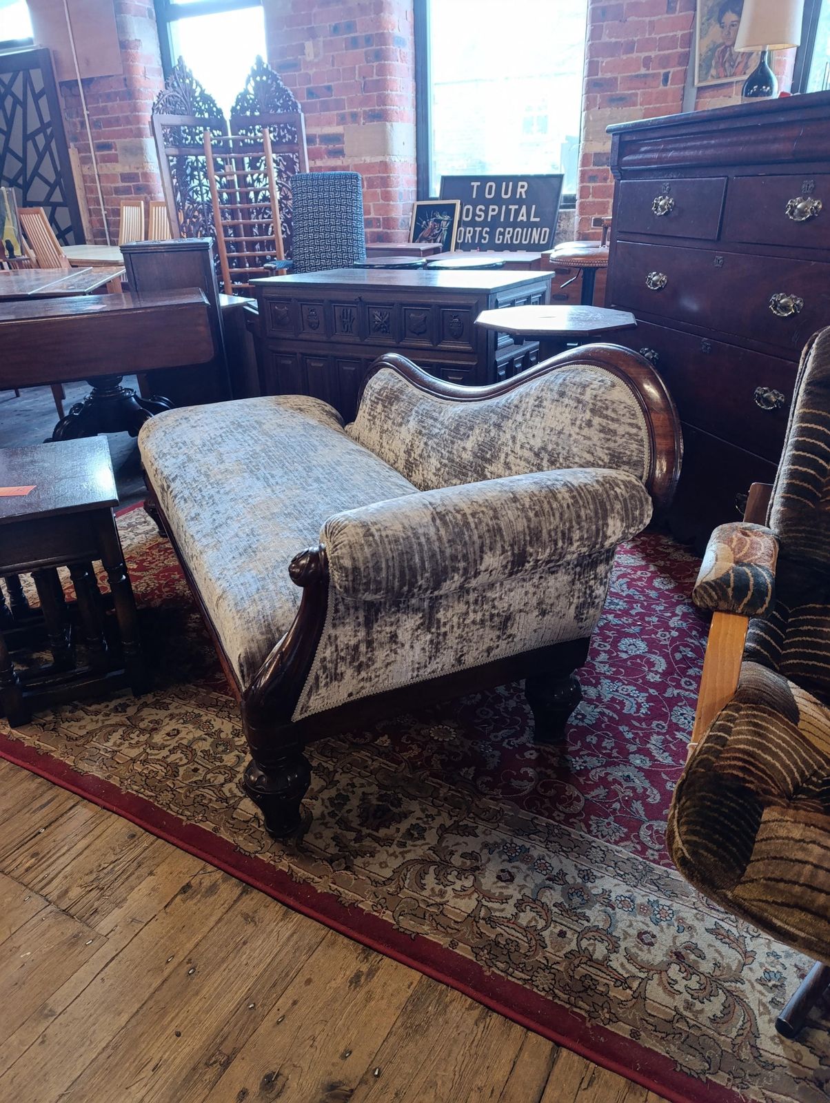Victorian Walnut Chaise Longue Newly Upholstered In Chenille photo furniture