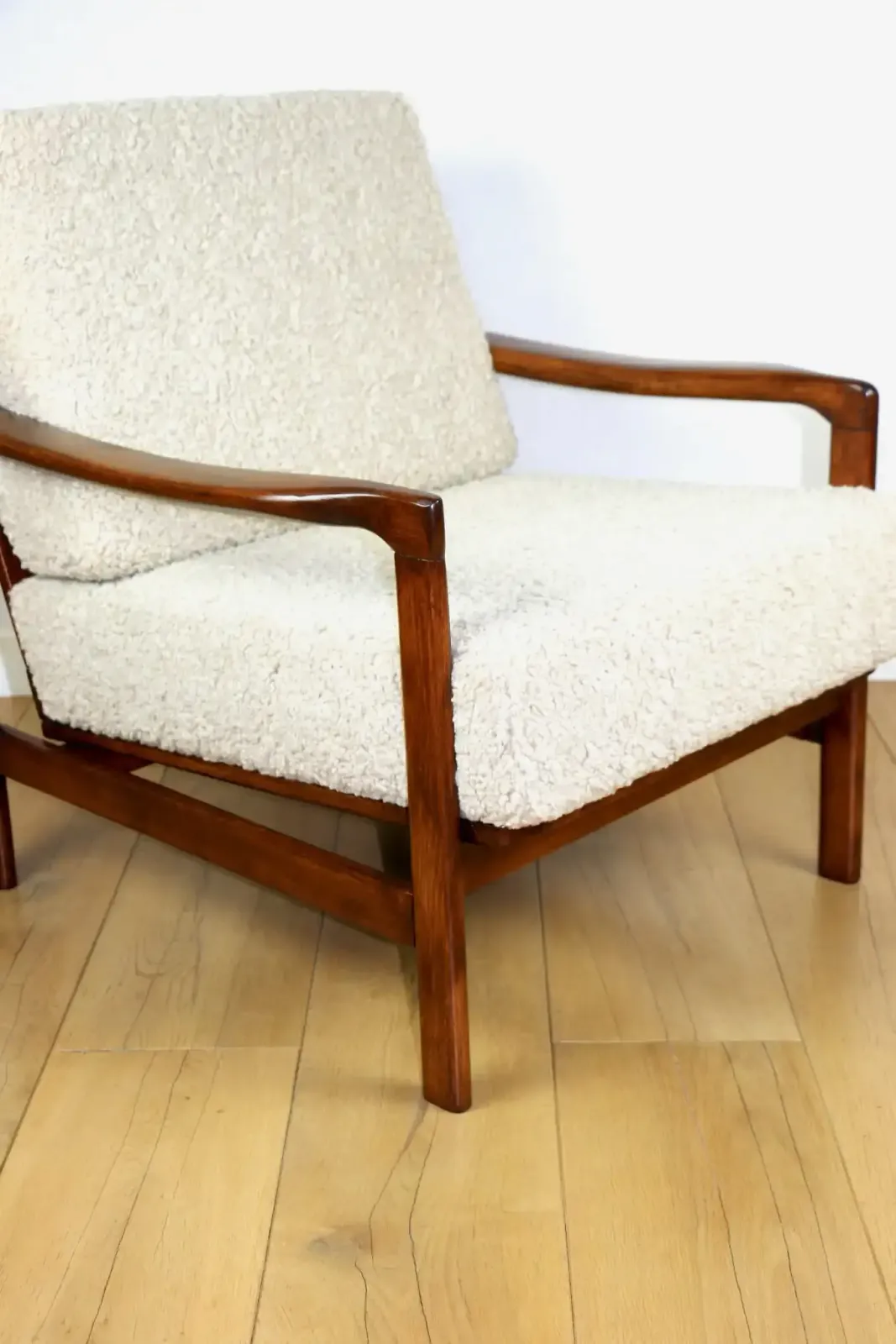 Vintage Brown Beige Ivory Wooden Armchair Long Hair Boucle Designed By Z. Bączyk   2 Pieces Available photo furniture