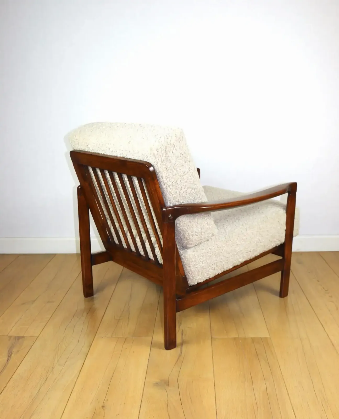 photo furniture Vintage Brown Beige Ivory Wooden Armchair Long Hair Boucle Designed By Z. Bączyk   2 Pieces Available