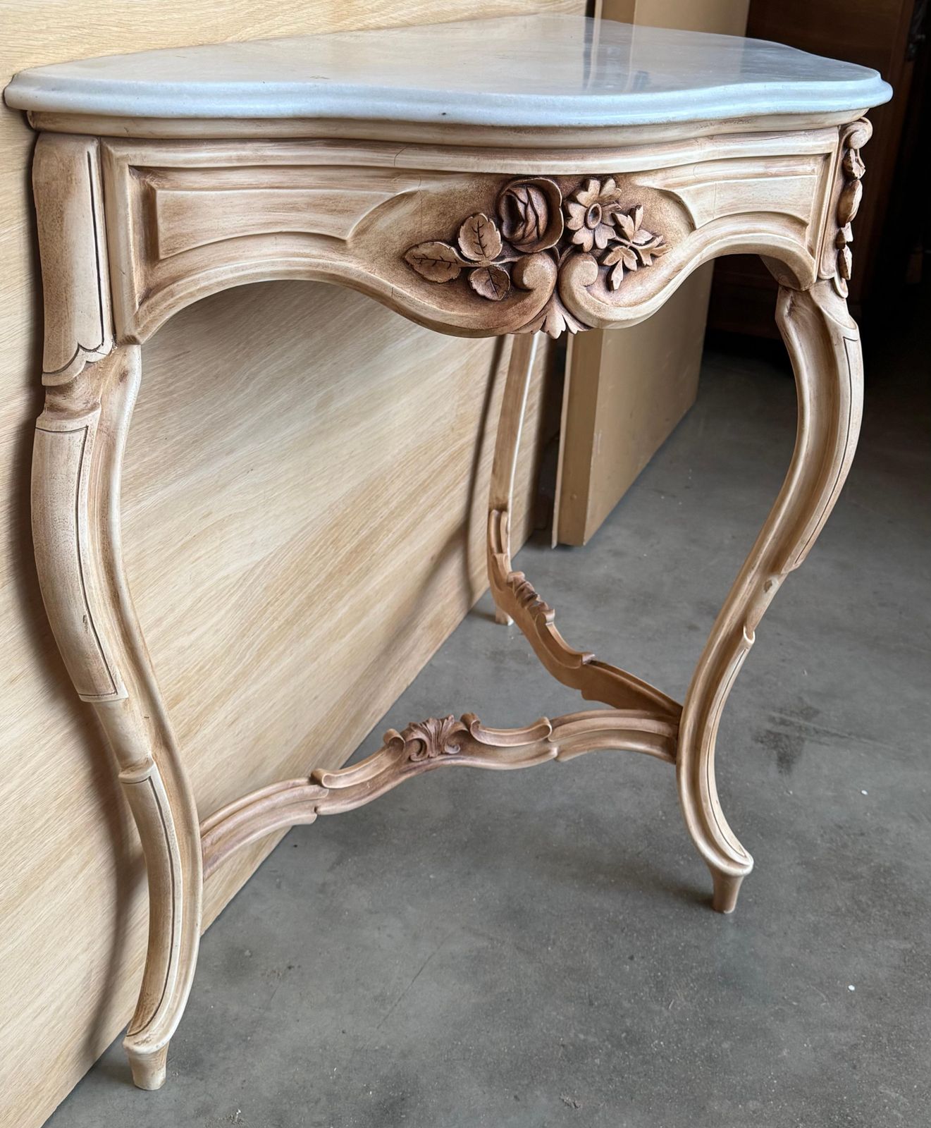 Antique Marble Topped Antique White Cream Carved Console Table photo vinterior