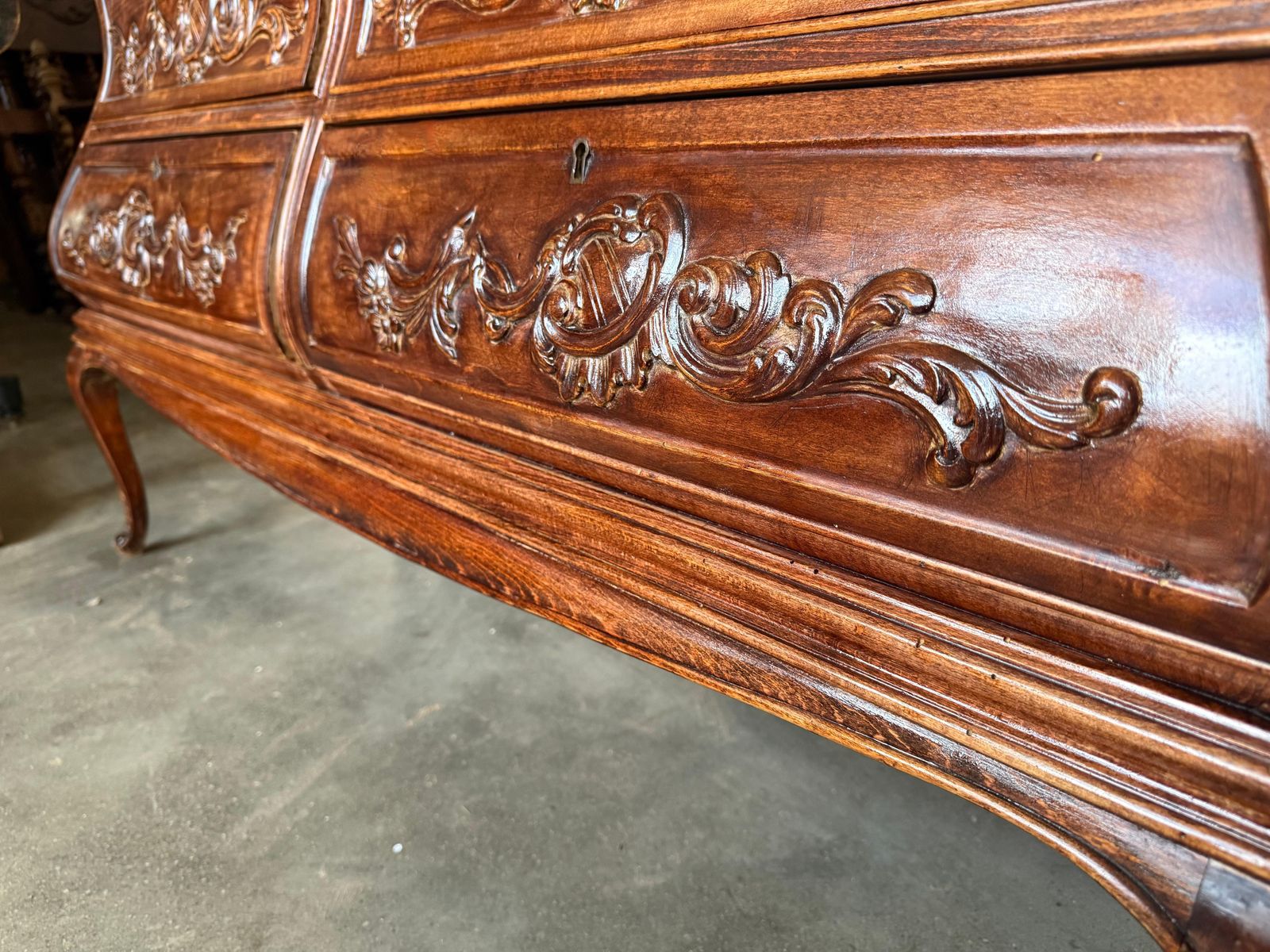 photo furniture 19th Century French Provincial Louis XV Carved Walnut Bombe Double Commode
