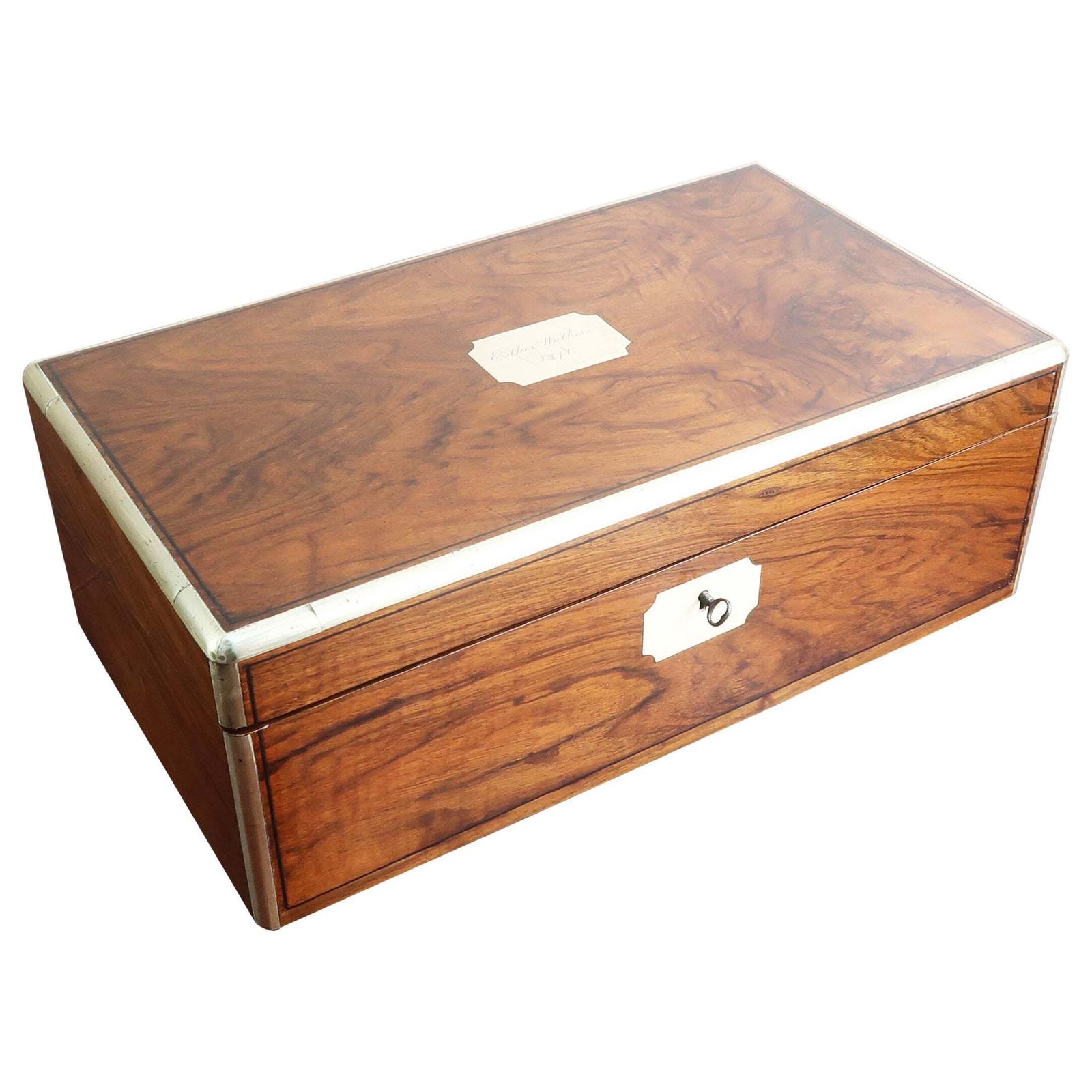 Large Antique Campaign Burr Walnut Writing Box. English. Dated 1871