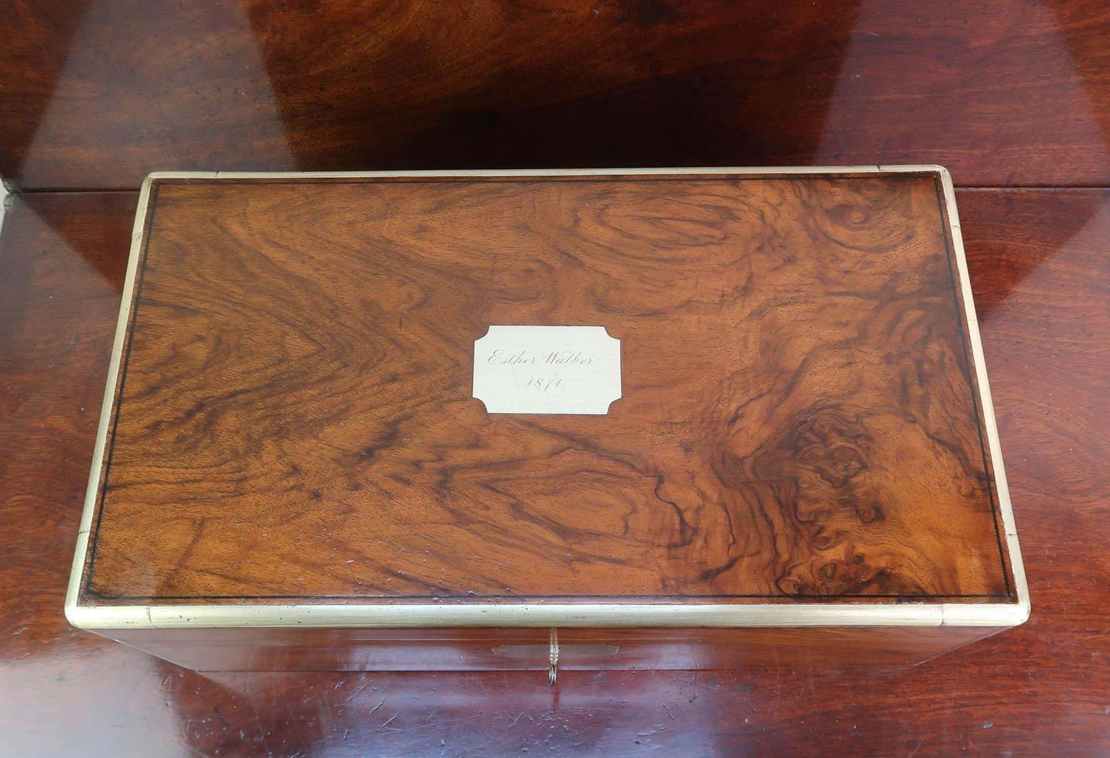 Large Antique Campaign Burr Walnut Writing Box. English. Dated 1871 photo for sale