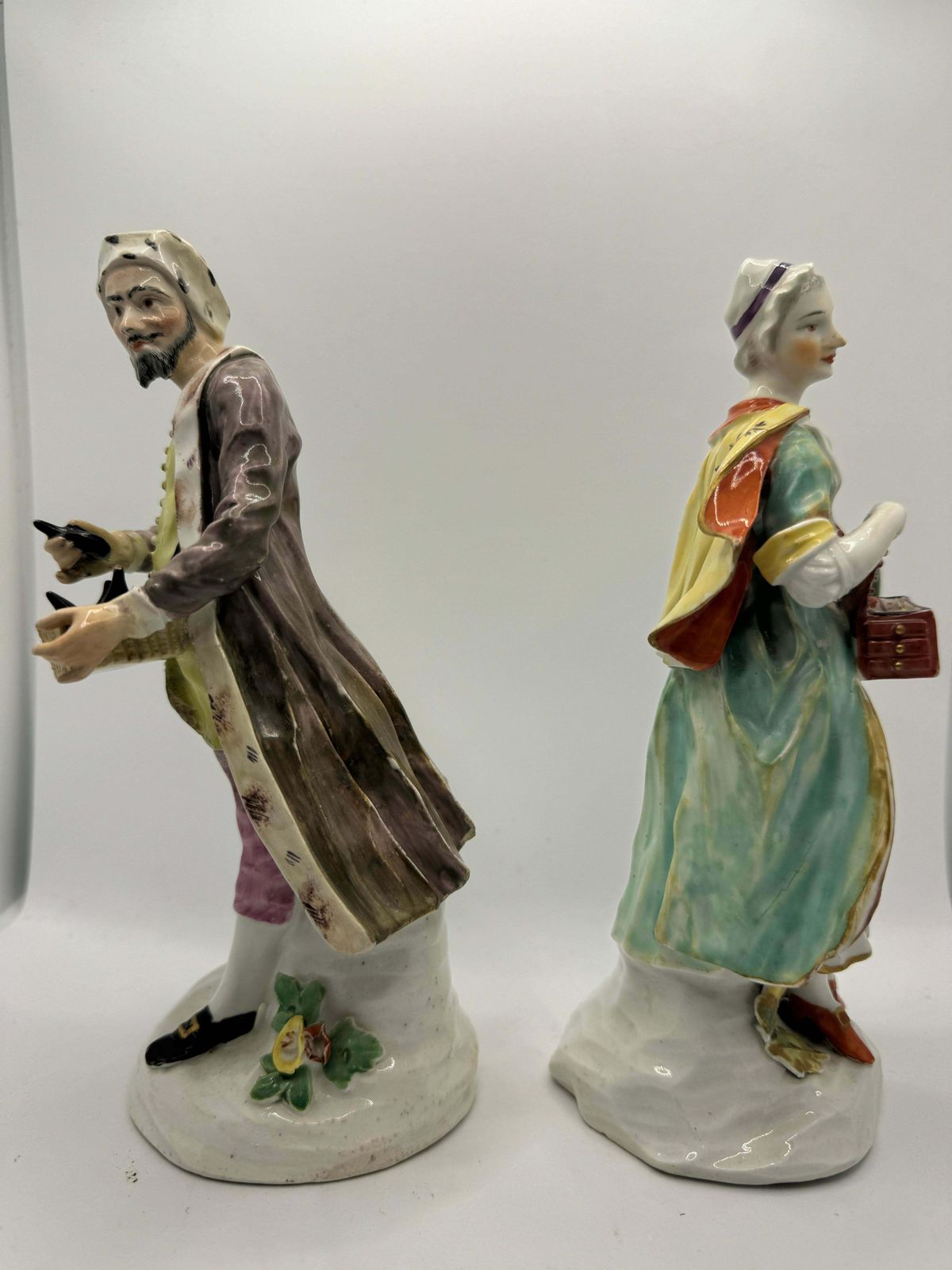 Pair Of 18th Century Derby Figures Of 'Jewish Pedlar And Companion' , Circa 1760 photo for sale