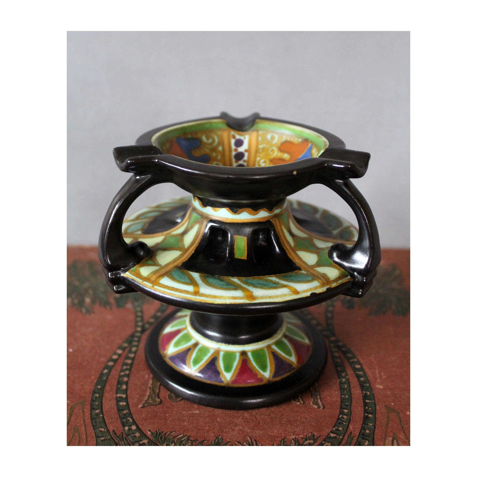 Rare Antique Art Deco Circa 1920s Gouda Arnheim Holland Art Pottery Tiered Ashtray Bowl, Dutch Signed Roma, Hand Painted