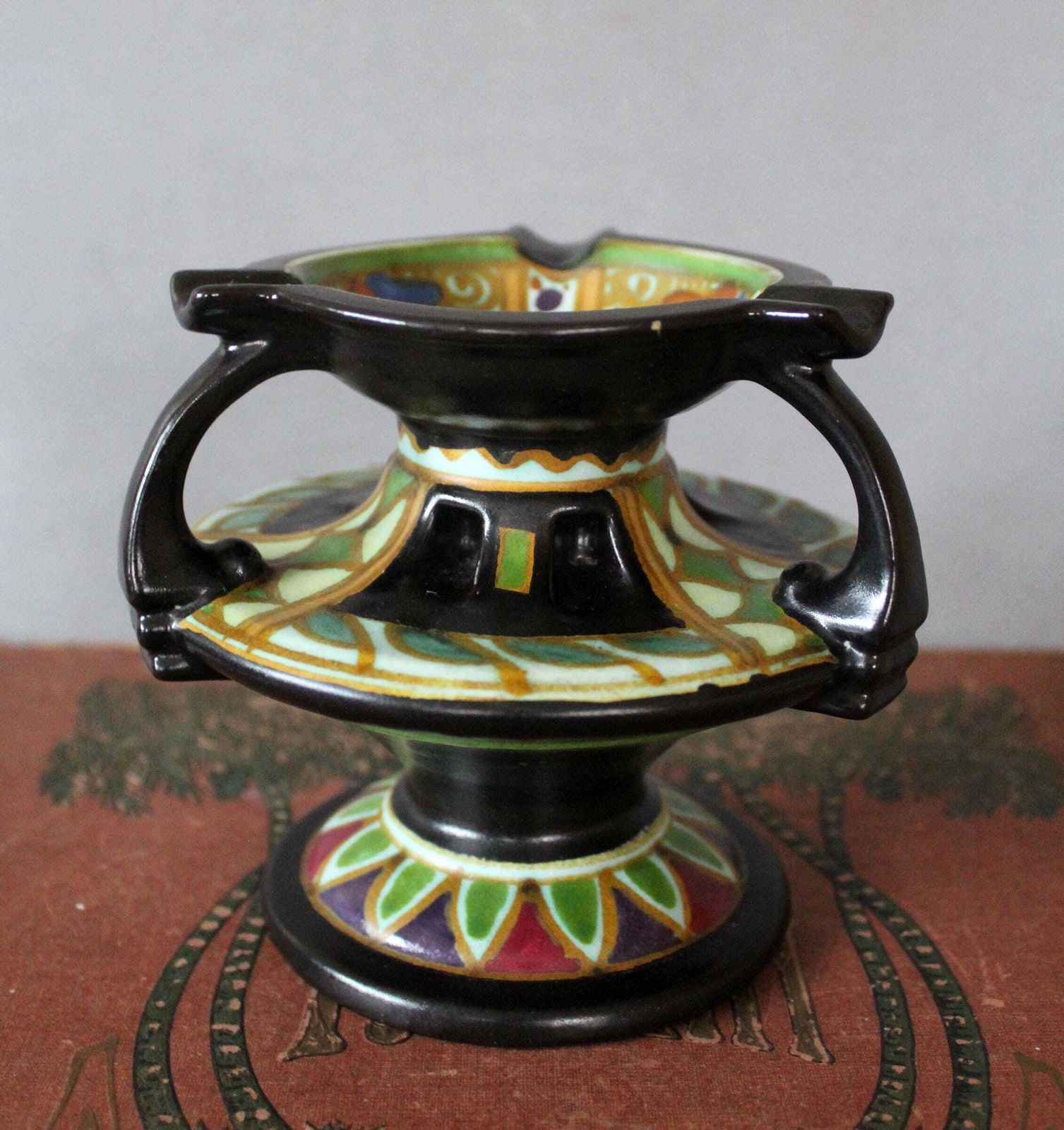 photo for sale Rare Antique Art Deco Circa 1920s Gouda Arnheim Holland Art Pottery Tiered Ashtray Bowl, Dutch Signed Roma, Hand Painted