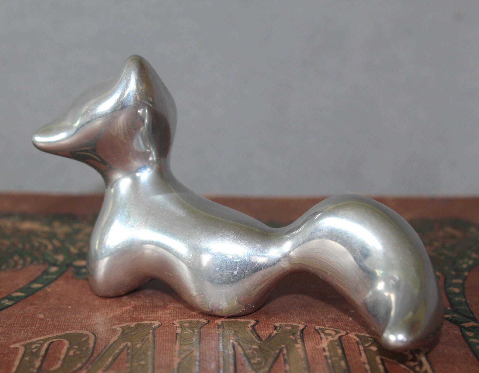 photo furniture Vintage Hoselton Canada Fox Figurine, Polished Aluminum, Signed Numbered 1586, Modernist Abstract Stylized Sculpture