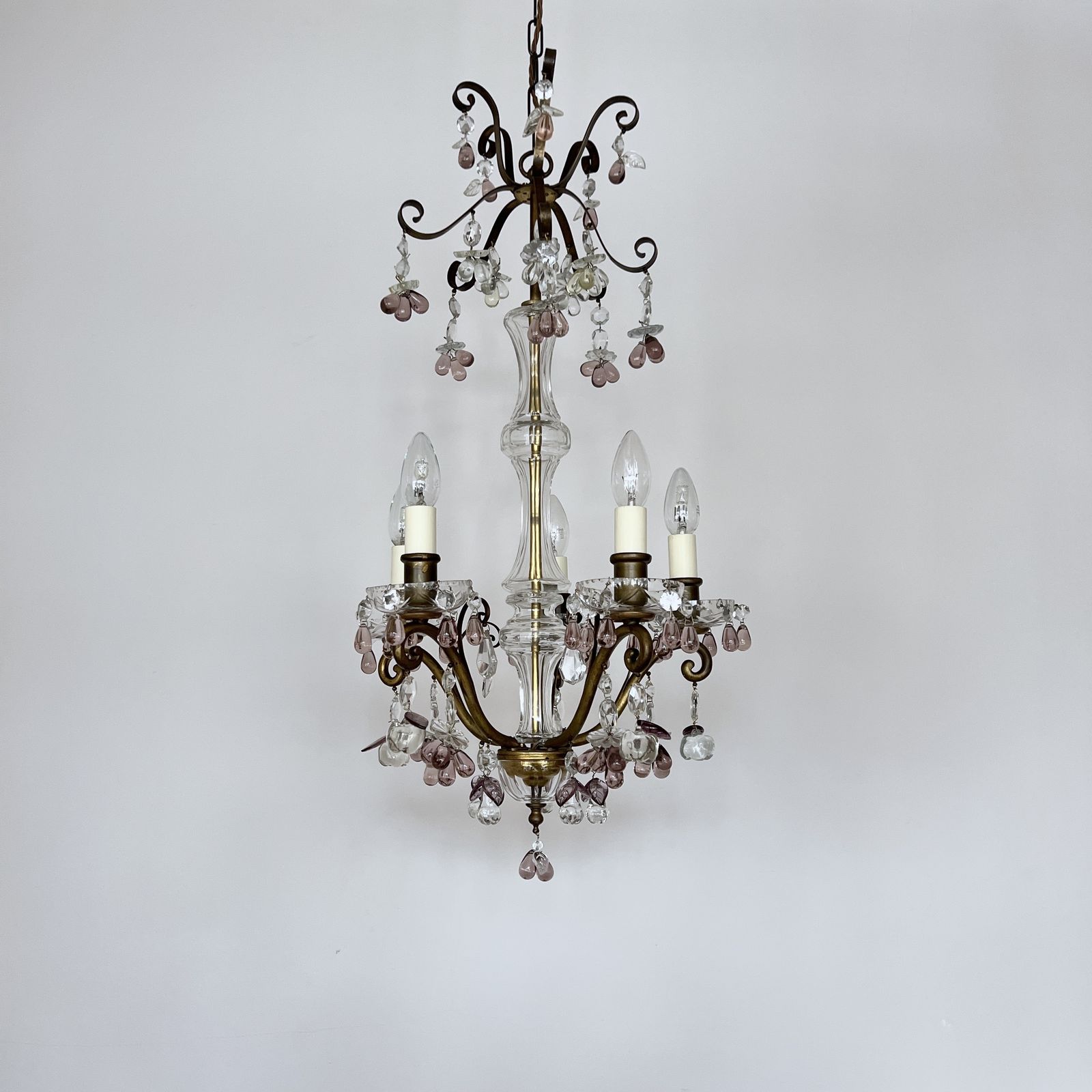 Decorative French Glass Chandelier With Unique Amethyst Crystal Drops