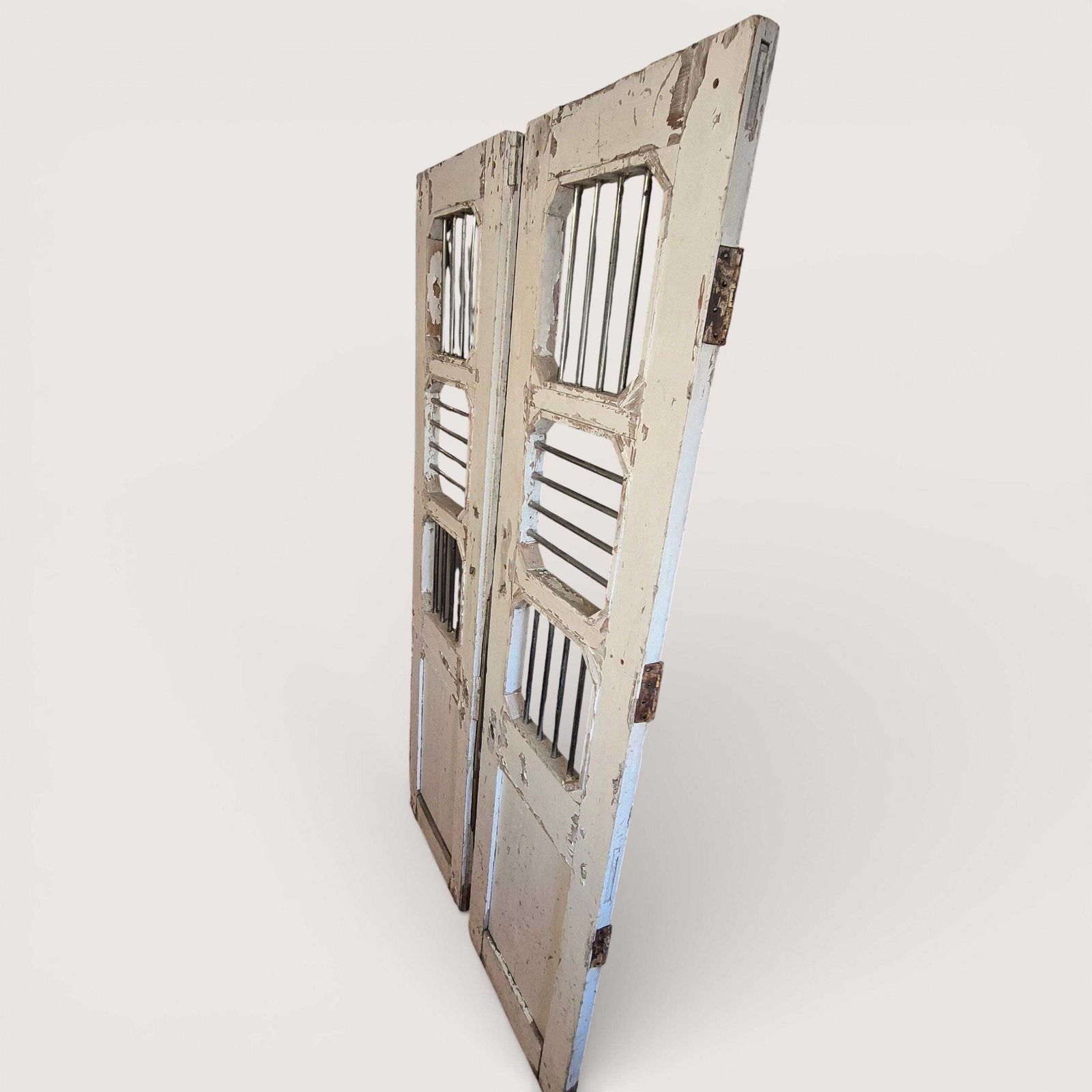 Antique Indian Jali Doors Pair 189cm | Reclaimed Teak Panels With Steel Bars | Architectural Salvage Feature Doors photo for sale