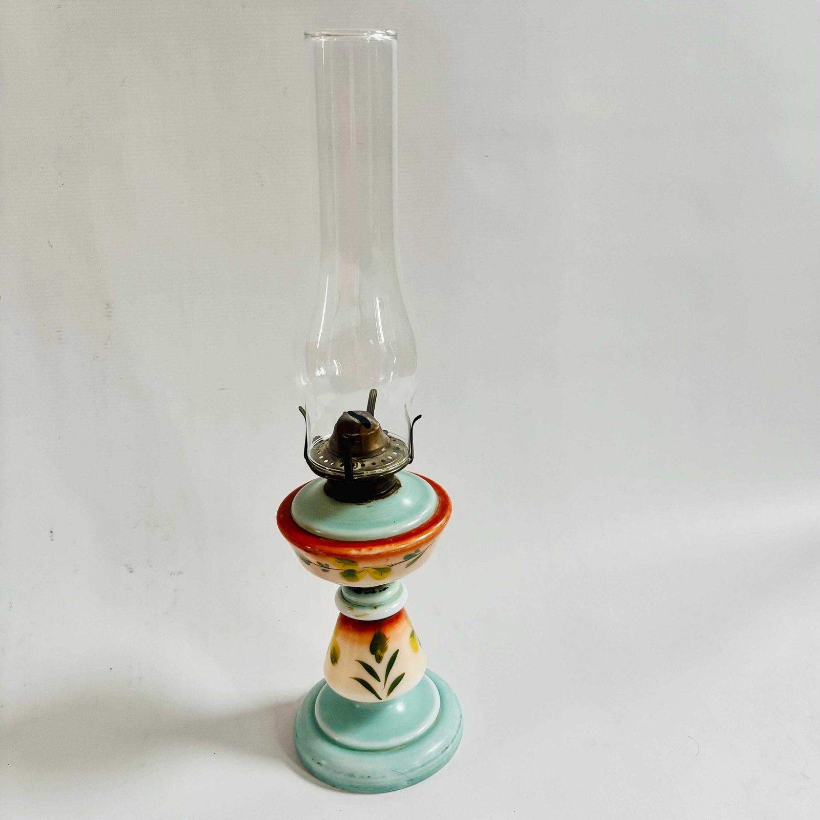 Victorian Opaline Milk Glass Oil Lamp, Hand Painted Floral Hurricane Table Lamp, 19th Century