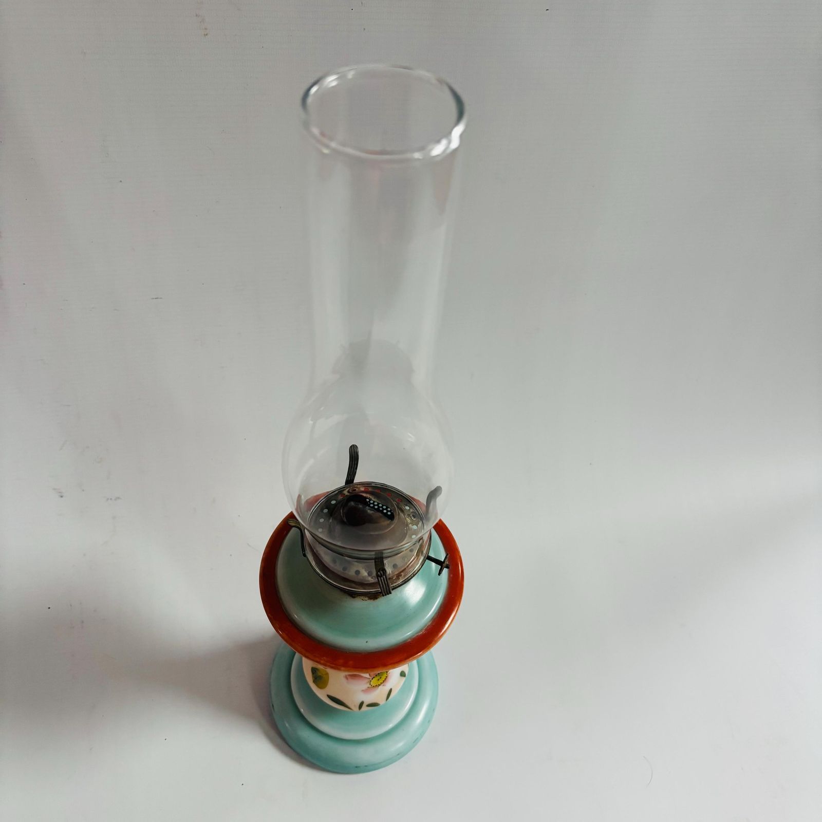 Victorian Opaline Milk Glass Oil Lamp, Hand Painted Floral Hurricane Table Lamp, 19th Century photo for sale