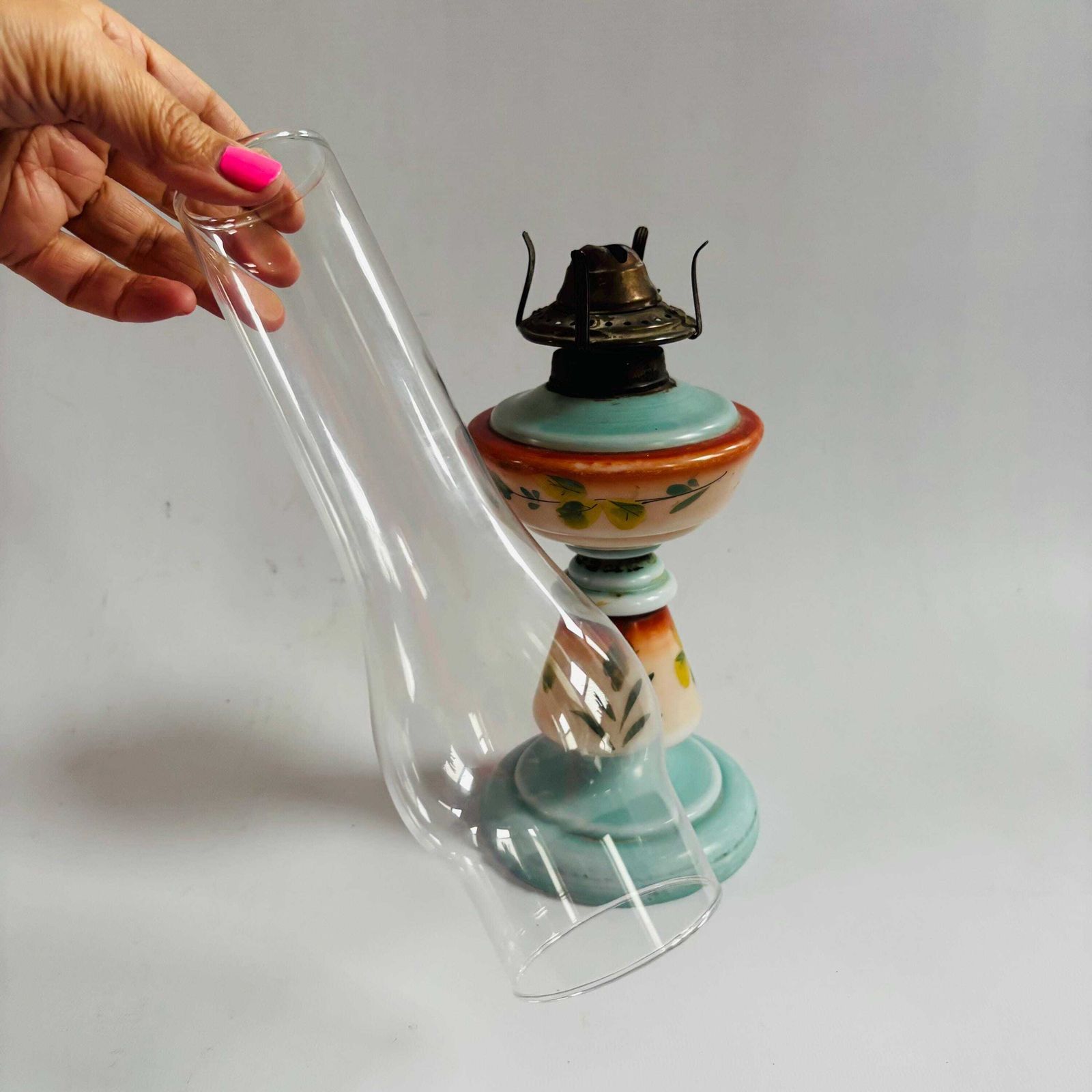 Victorian Opaline Milk Glass Oil Lamp, Hand Painted Floral Hurricane Table Lamp, 19th Century photo buy