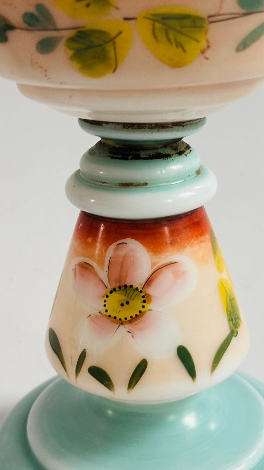 photo vinterior Victorian Opaline Milk Glass Oil Lamp, Hand Painted Floral Hurricane Table Lamp, 19th Century