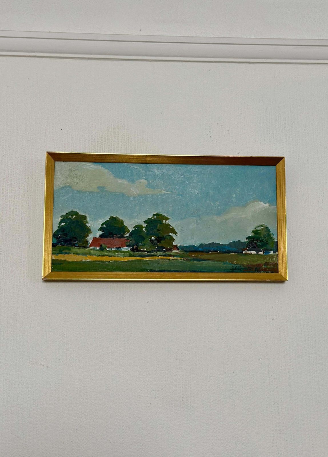 295.0 Original Swedish Oil On Canvas – “Landscape With Farms” By Schörström – Vintage & Framed – 22 × 42 Cm (8.7" × 16.5") photo