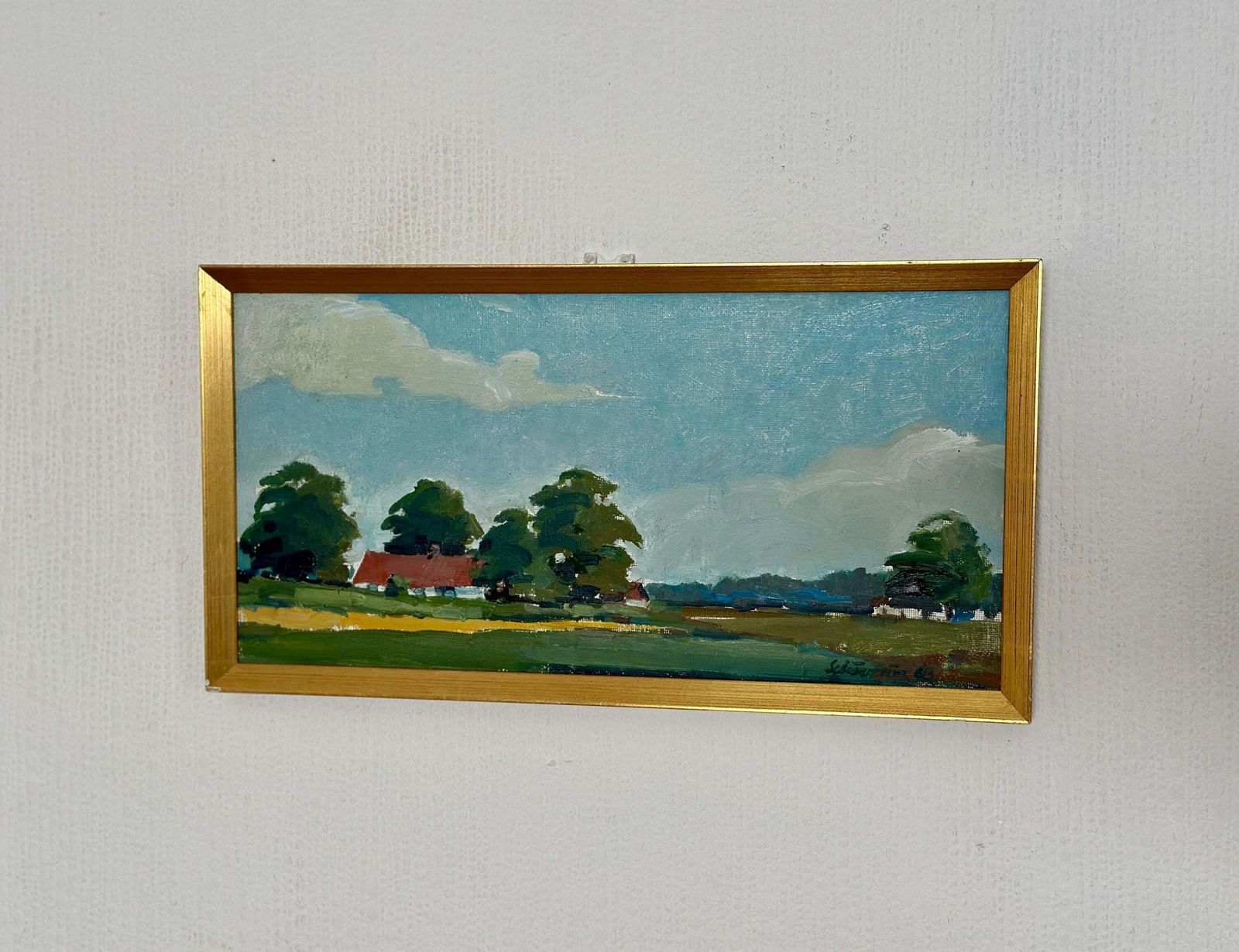 photo buy Original Swedish Oil On Canvas – “Landscape With Farms” By Schörström – Vintage & Framed – 22 × 42 Cm (8.7" × 16.5")