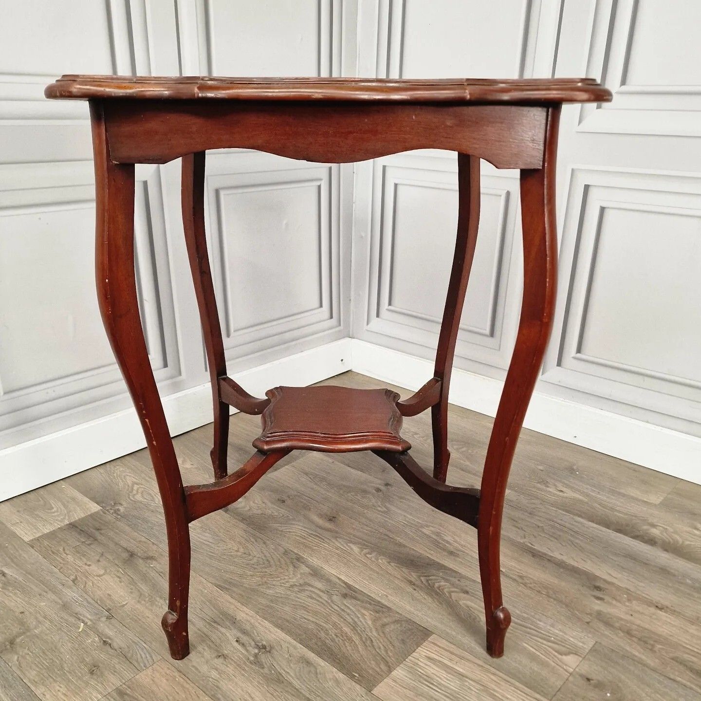 Antique Side End Table Wooden Edwardian Window  Scalloped Top 2 Tier Mahogany photo vintage