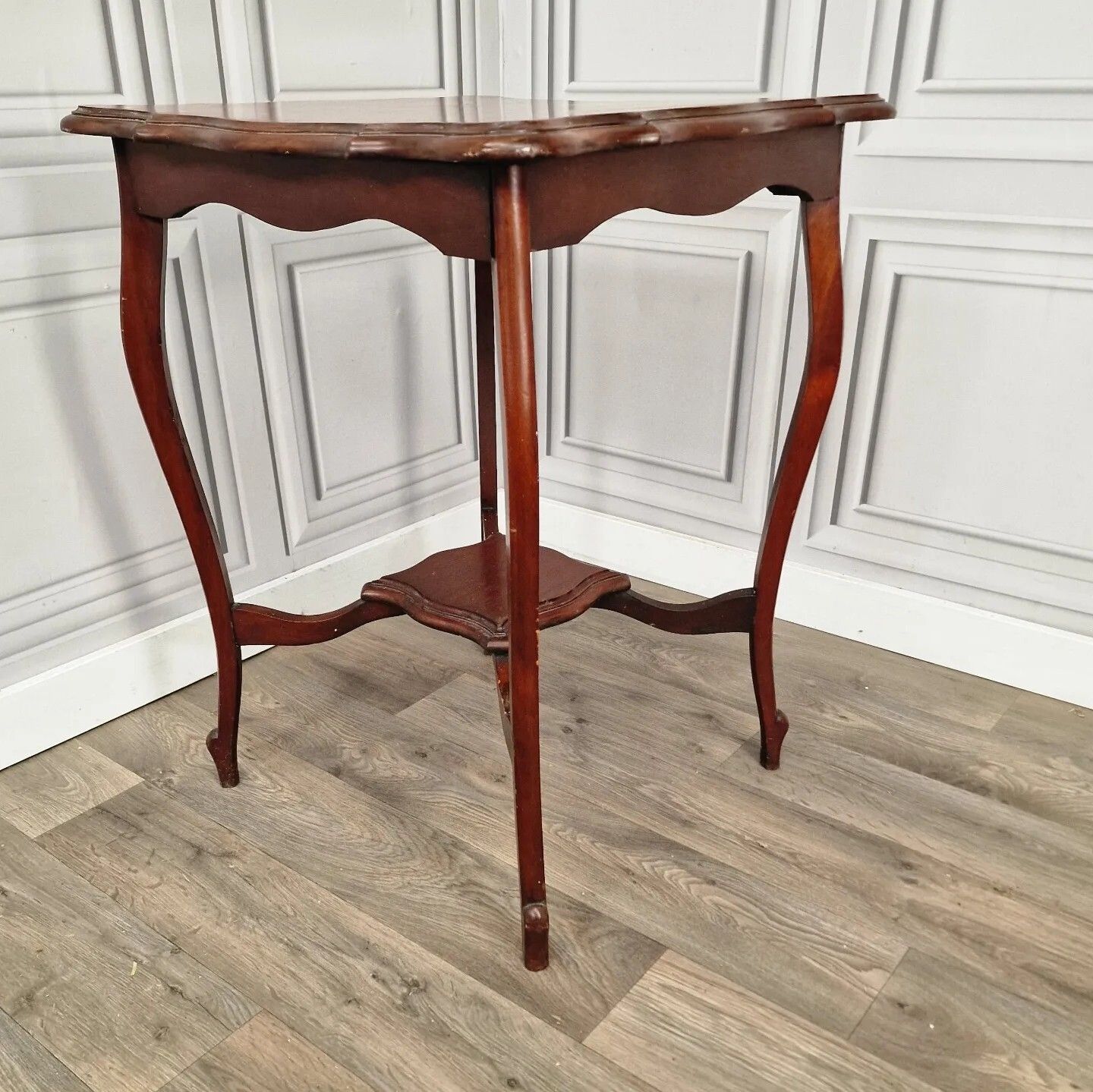 photo furniture Antique Side End Table Wooden Edwardian Window  Scalloped Top 2 Tier Mahogany