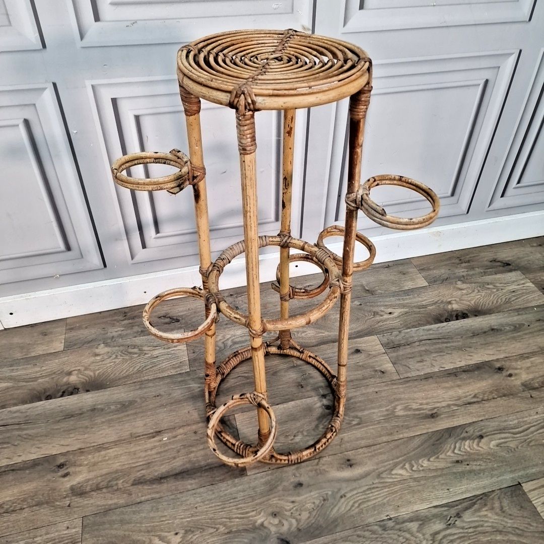 Vintage Plant Stand Rattan & Bamboo – Mid Century Circular Plant Holder Retro