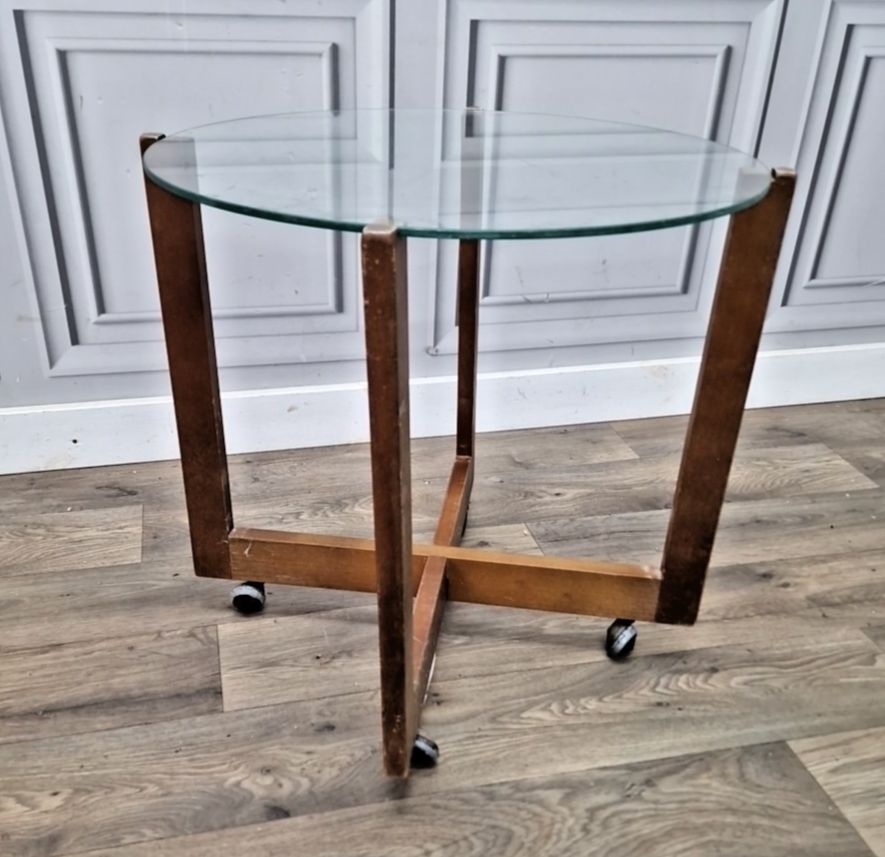 Vintage Glass Side Table Mid Century Modern – Wooden Retro Coffee On Castors photo furniture