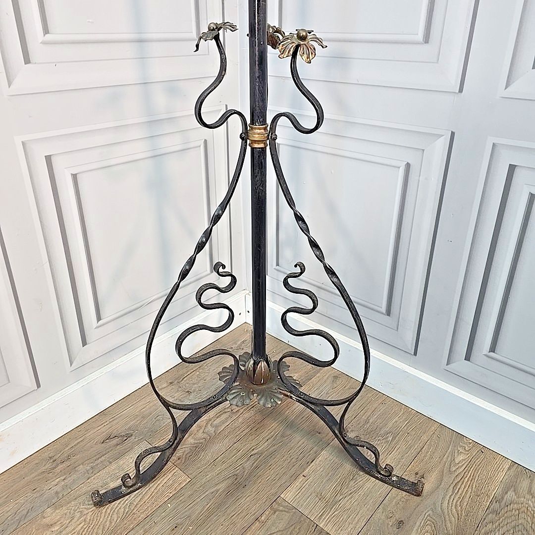 Antique Standard Lamp Copper & Brass Oil Light Wrought Iron Stand For Rewire photo Lighting