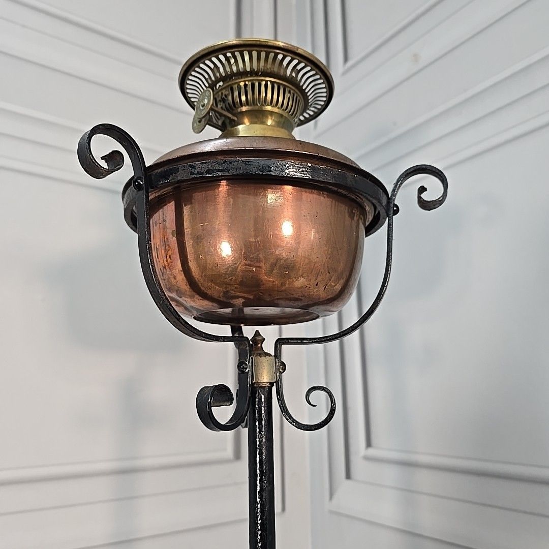 Lighting Antique Standard Lamp Copper & Brass Oil Light Wrought Iron Stand For Rewire photo