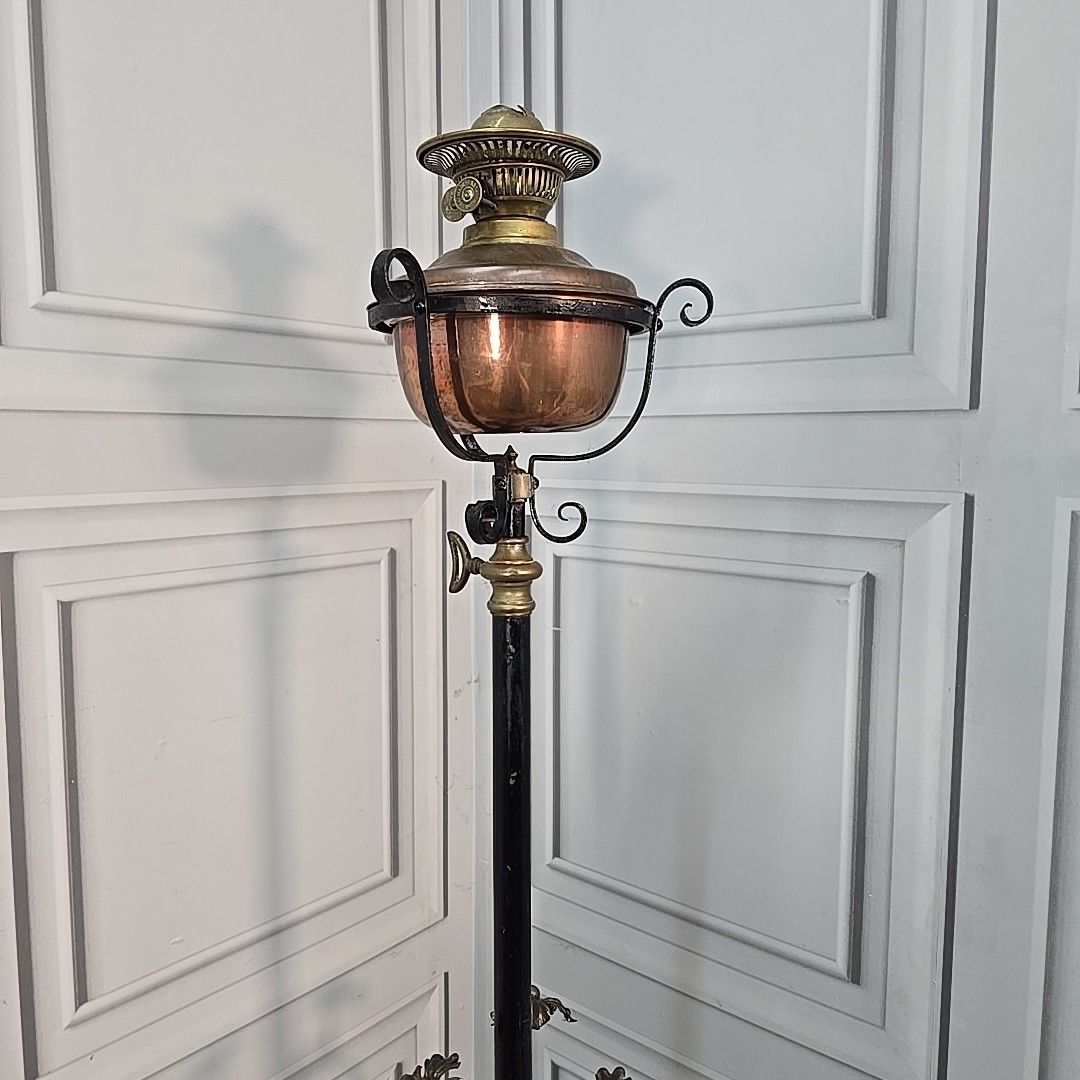 160.0 Antique Standard Lamp Copper & Brass Oil Light Wrought Iron Stand For Rewire photo