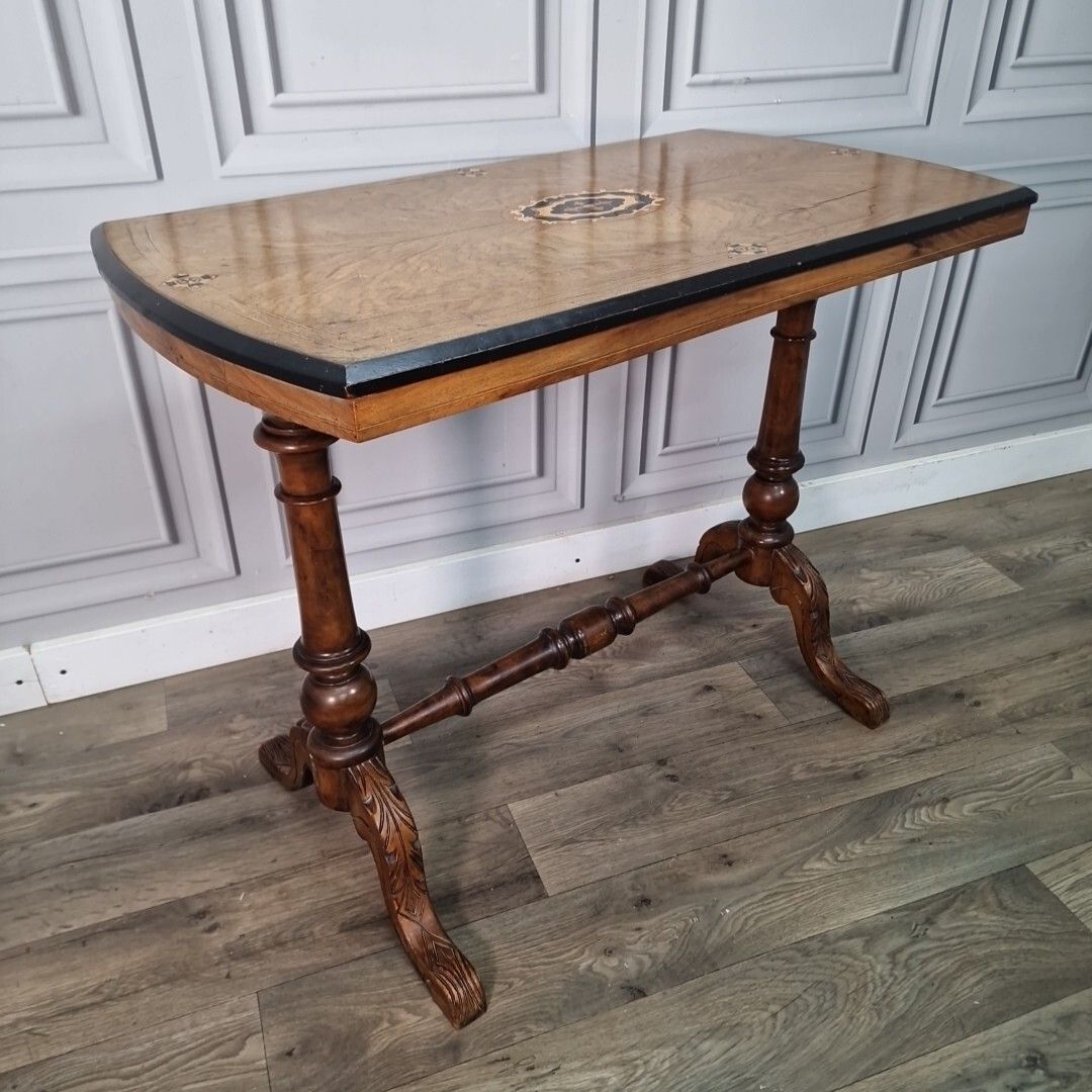 Antique Victorian Console Table Wooden Inlaid Turned Stretcher Library Writing photo furniture