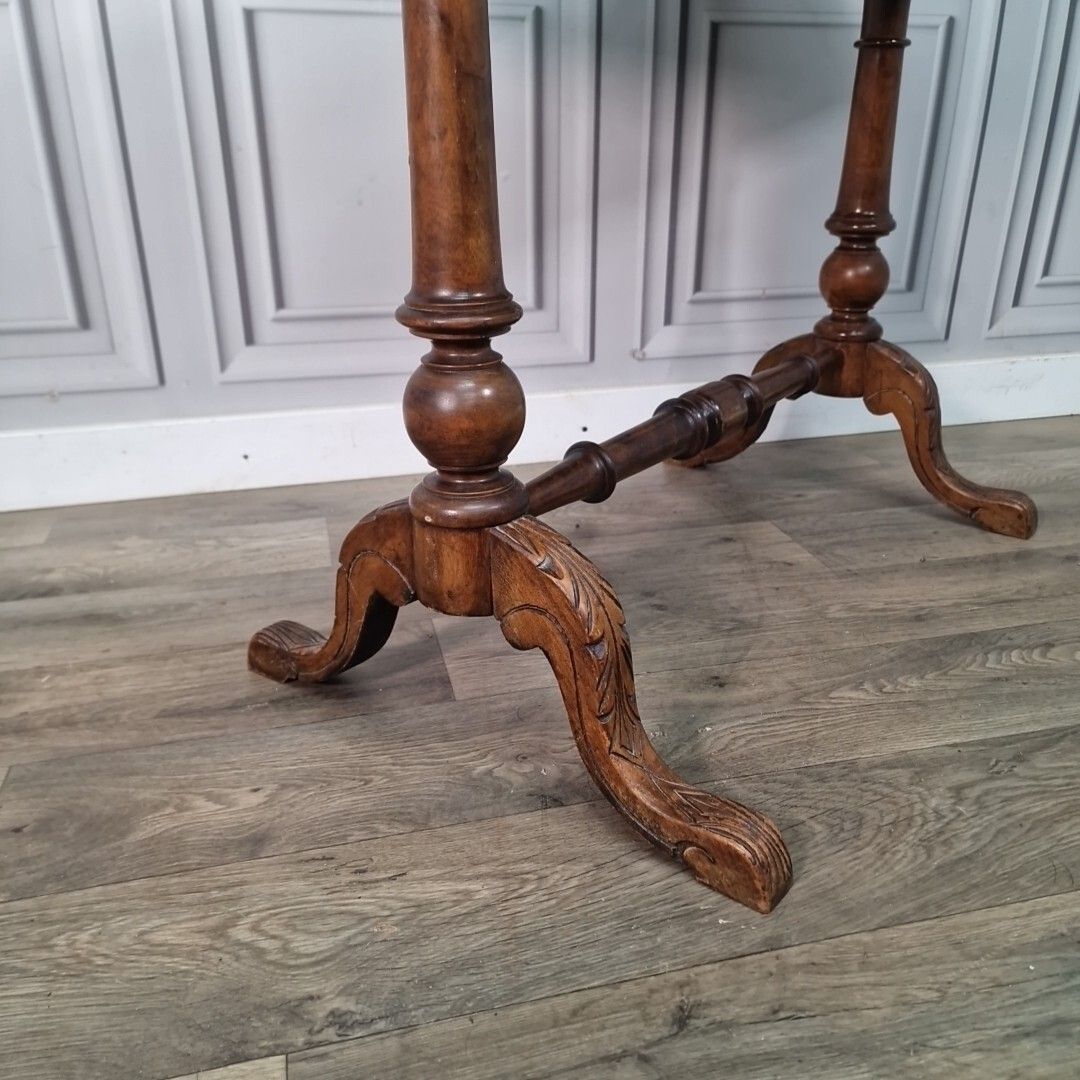 Antique Victorian Console Table Wooden Inlaid Turned Stretcher Library Writing photo vintage